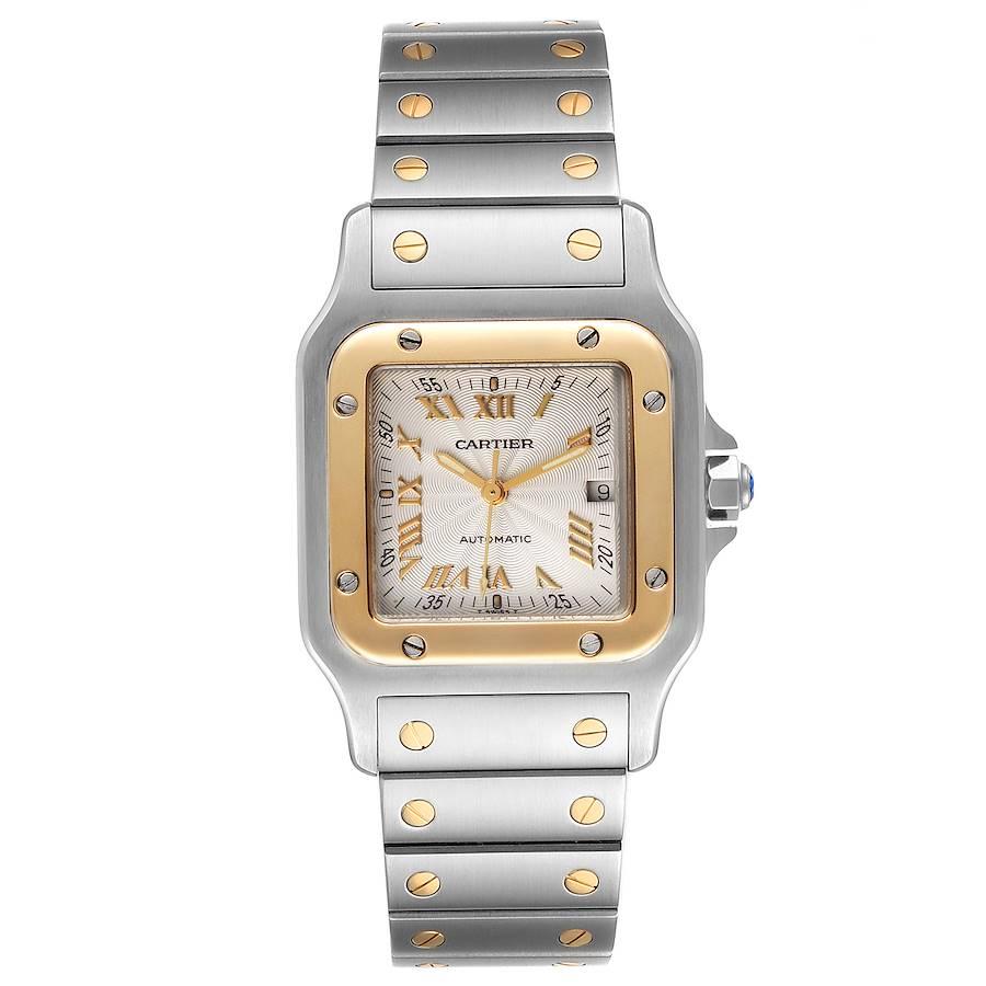 Cartier Santos Galbee Steel Yellow Gold Guilloche Dial Watch W20058C4. Automatic self-winding movement. Stainless steel case 29.0 x 29.0 mm. Steel octagonal crown set with the faceted spinel. 18K yellow gold bezel punctuated with 8 signature screws.