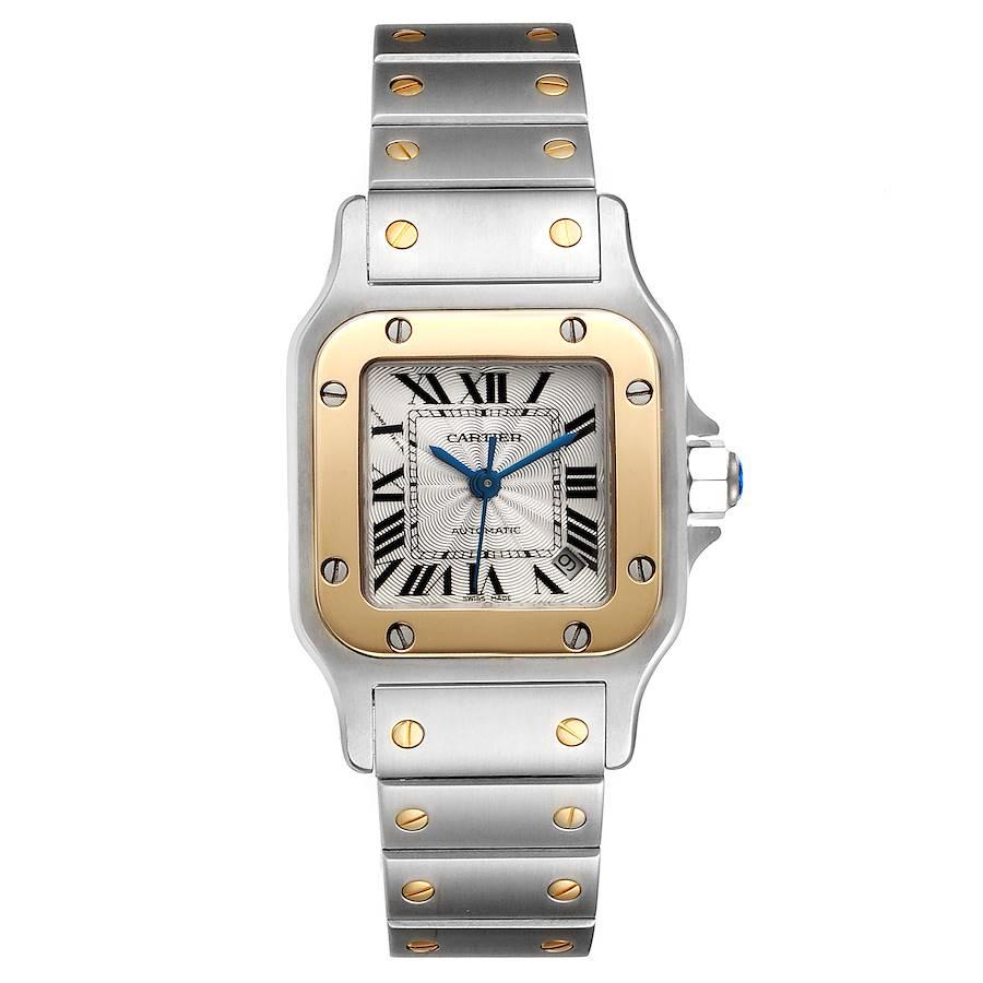 Cartier Santos Galbee Steel Yellow Gold Ladies Watch W20057C4. Automatic self-winding movement. Stainless steel case 24.0 x 24.0 mm. Steel octagonal crown set with the faceted spinel. 18K yellow gold bezel punctuated with 8 signature screws. Scratch