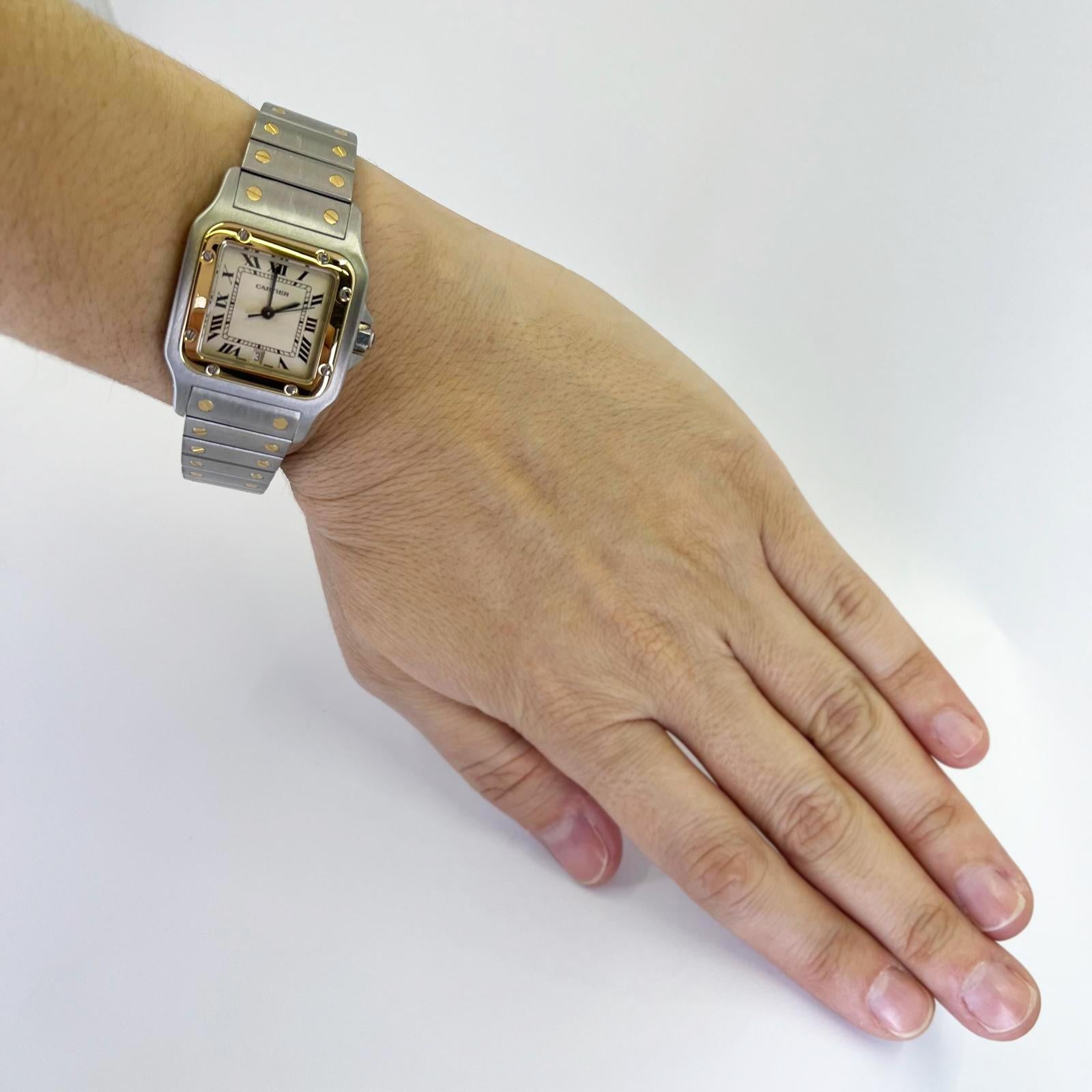 Pre-owned 29mm Cartier Santos Galbee quartz watch crafted in 18 karat yellow gold and stainless steel with date function. Caseback number 187901. Polished December 2024. Includes one year timekeeping warranty.

Slightly newer model also available on