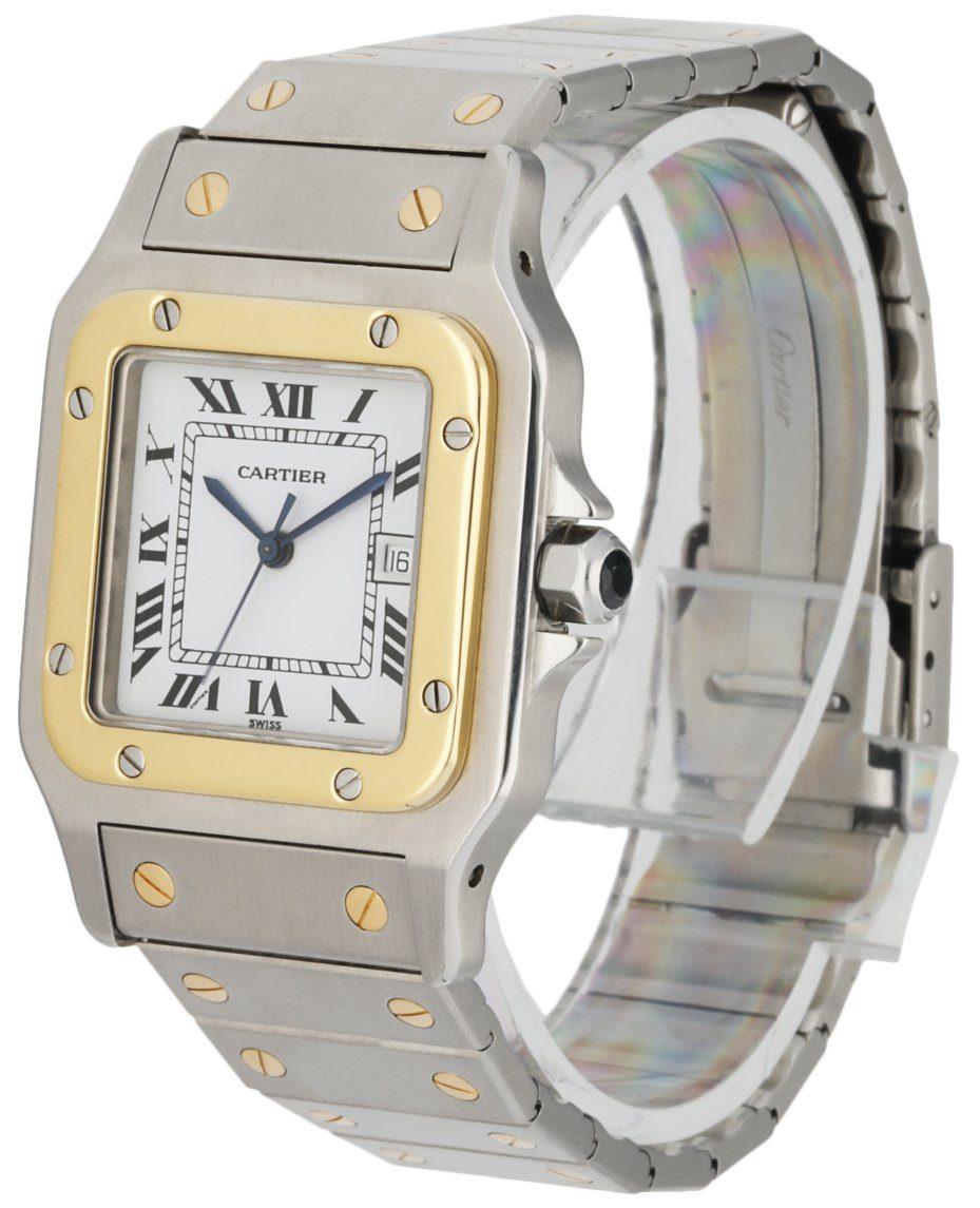 
Cartier Santos Galbee Two Tone Ladies Watch. 30mm stainless steel case. 18k yellow gold fixed bezel. White dial with blue hands and black Roman numeral hour marker. Date display at the 3 o'clock position. 18k yellow gold and stainless steel