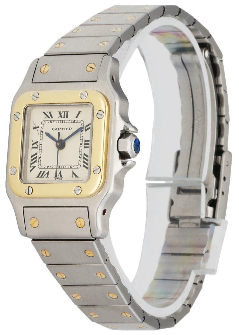 
Cartier Santos Galbee Two Tone Ladies Watch. 24mm stainless steel case. 18k yellow gold fixed bezel. Off-white dial with blue hands and black Roman numeral hour marker. 18k yellow gold and stainless steel bracelet with hidden fold over clasp; will
