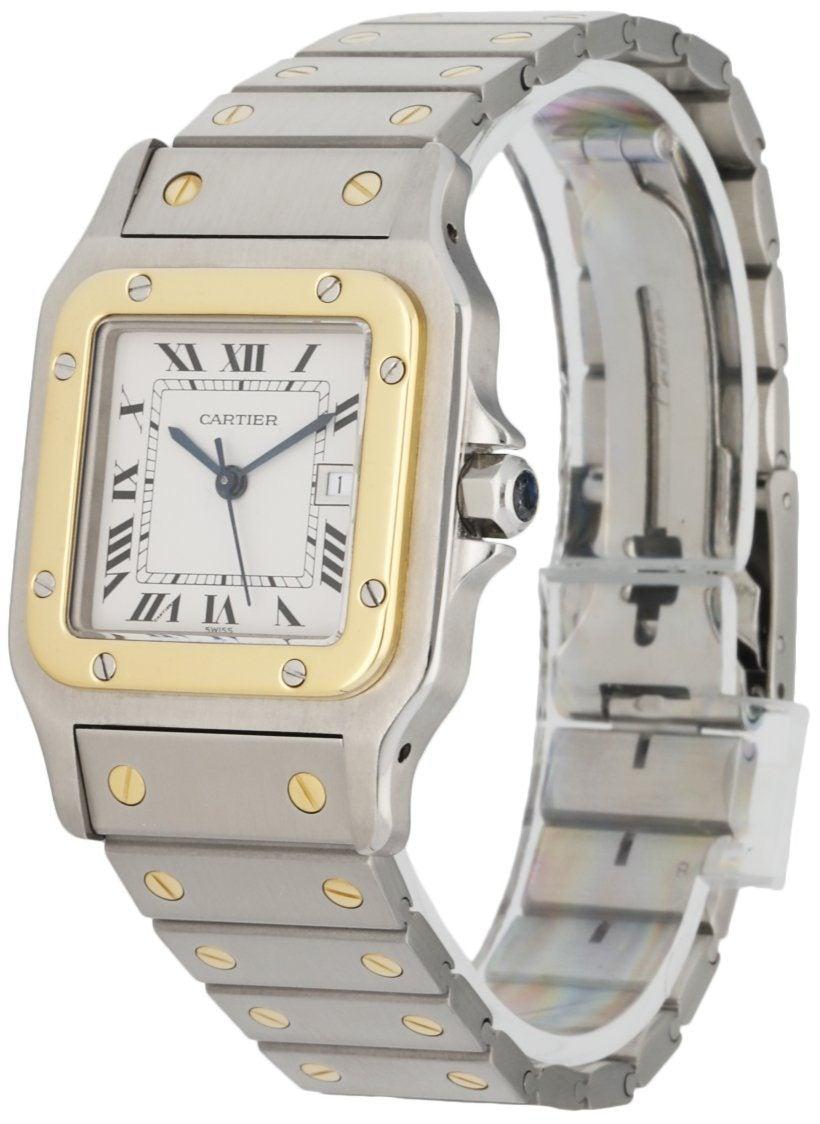
Cartier Santos Galbee Two Tone Mens Watch. 30mm stainless steel case. 18k yellow gold fixed bezel. White dial with blue hands and black Roman numeral hour marker. Date display at the 3 o'clock position. 18k yellow gold and stainless steel bracelet