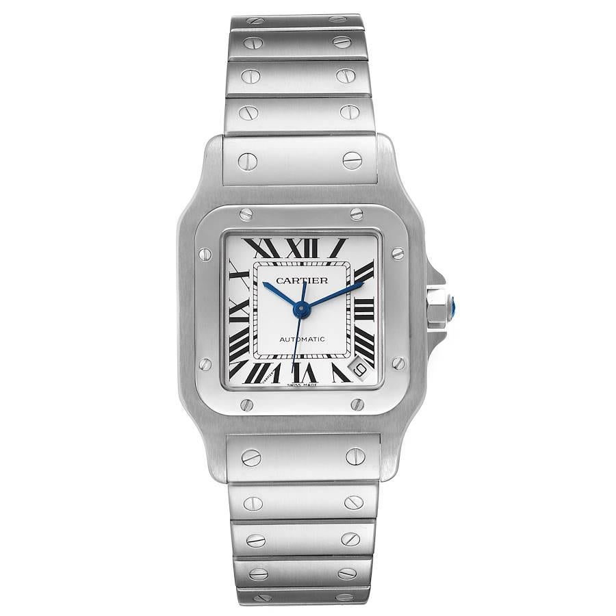 Cartier Santos Galbee XL Automatic Steel Mens Watch W20098D6. Mouvement automatique à remontage automatique calibre 049. Boîtier à trois corps en acier inoxydable brossé et poli 32,0 x 32,0 mm. Couronne octogonale protégée en acier inoxydable,