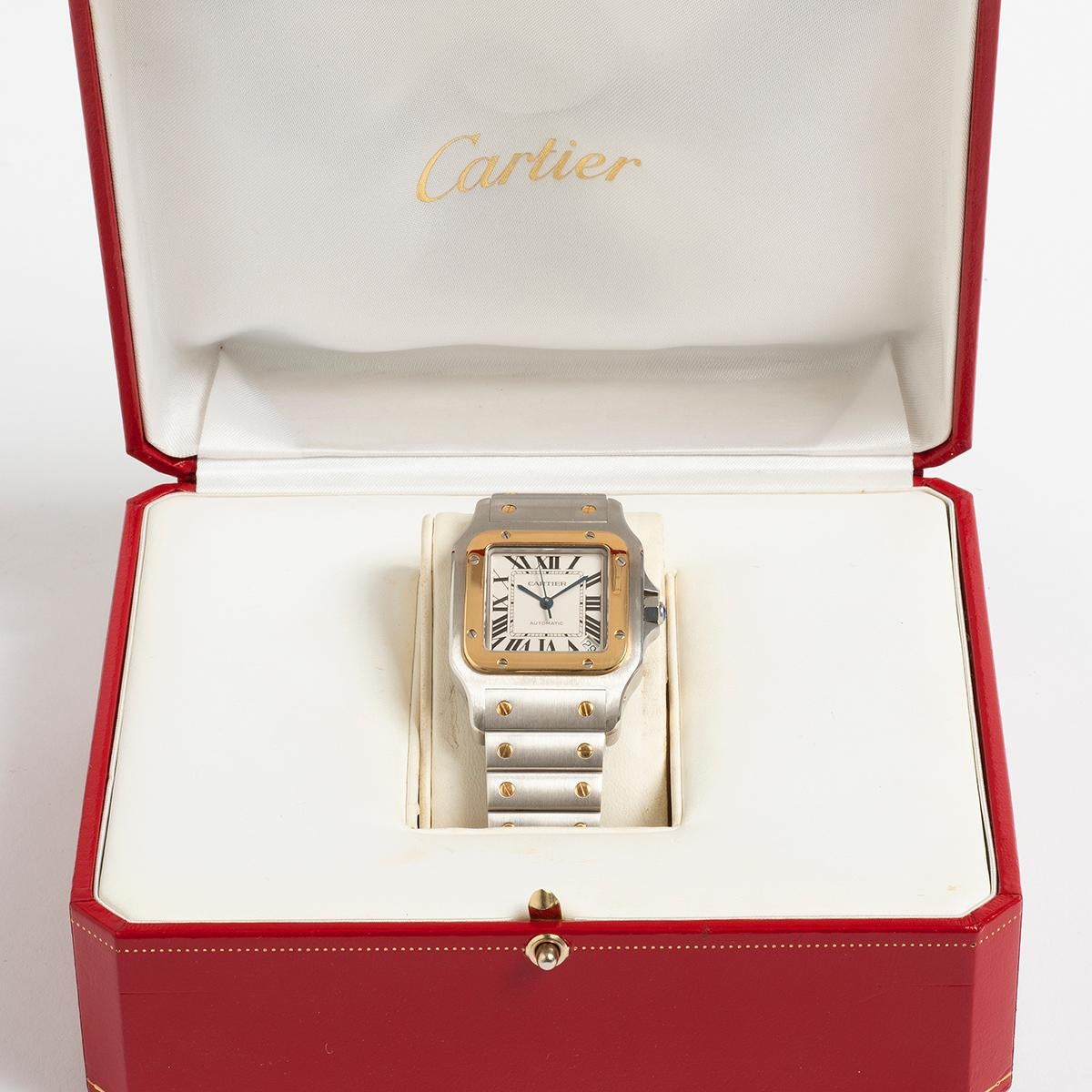 Our rare and very desirable Cartier Santos Galbee XL, reference 2823, features a 18k yellow gold and stainless steel case of 35mm x 45mm with 18k yellow gold and stainless steel bracelet, is powered by an automatic movement with date function. This