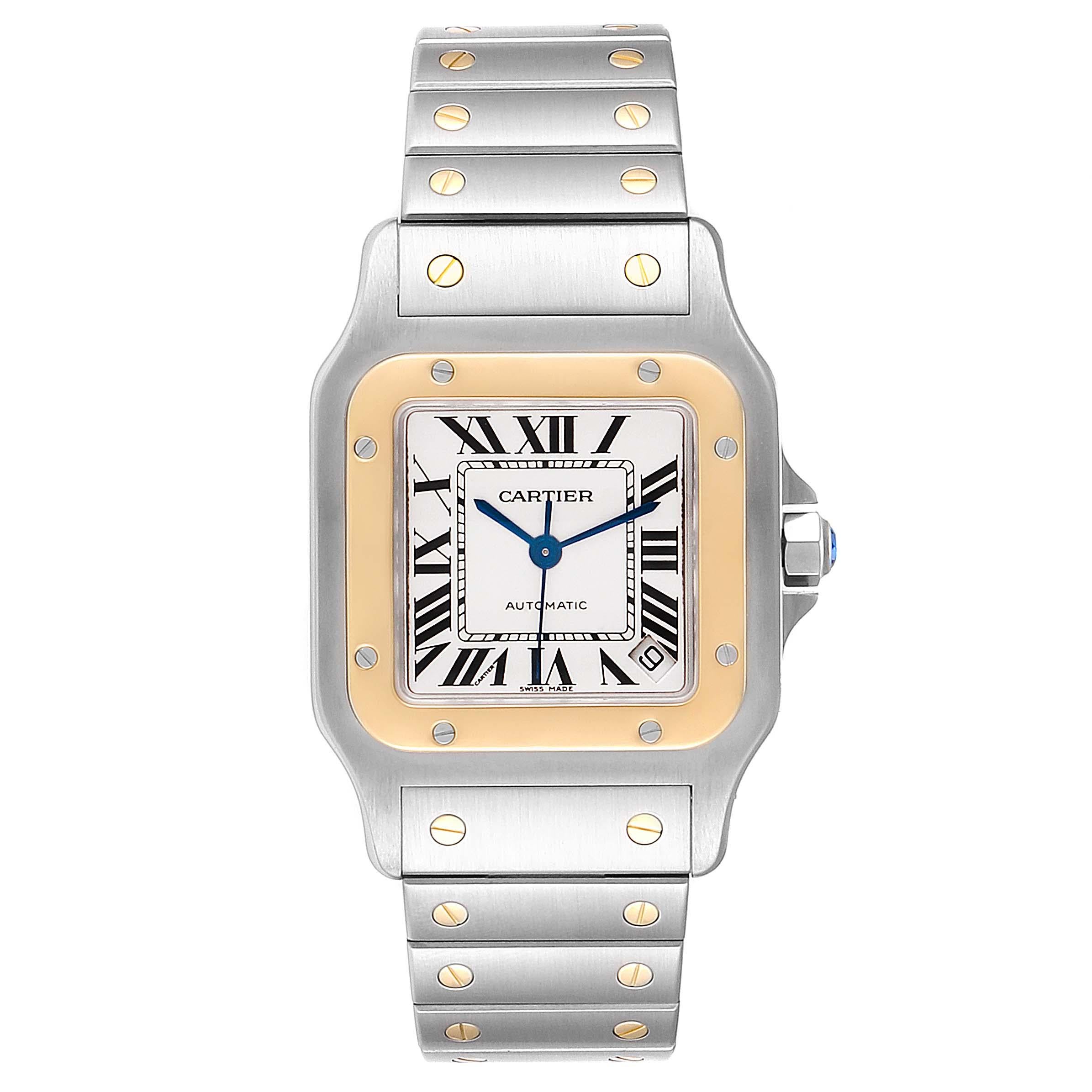 Cartier Santos Galbee XL Steel Yellow Gold Mens Watch W20099C4 Box Papers. Automatic self-winding movement caliber 049. Three body brushed and polished stainless steel case 34.87 X 45.54 mm. Stainless steel protected octagonal crown set with the