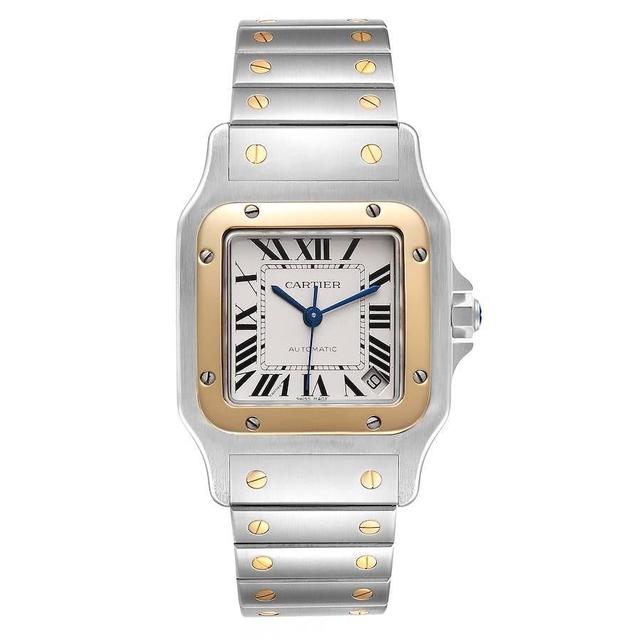 Cartier Santos Galbee XL Steel Yellow Gold Mens Watch W20099C4. Automatic self-winding movement caliber 049. Three body brushed and polished stainless steel case 32 X 45 mm. Stainless steel protected octagonal crown set with the faceted spinel. 18K