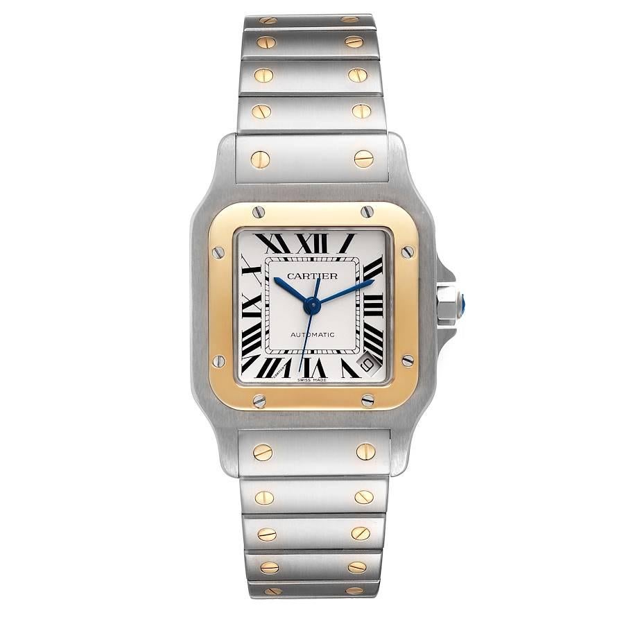 Cartier Santos Galbee XL Steel Yellow Gold Mens Watch W20099C4. Automatic self-winding movement, Caliber 049. Brushed and polished stainless steel case 32 X 45 mm. Stainless steel protected octagonal crown set with a faceted spinel cabochon. 18K