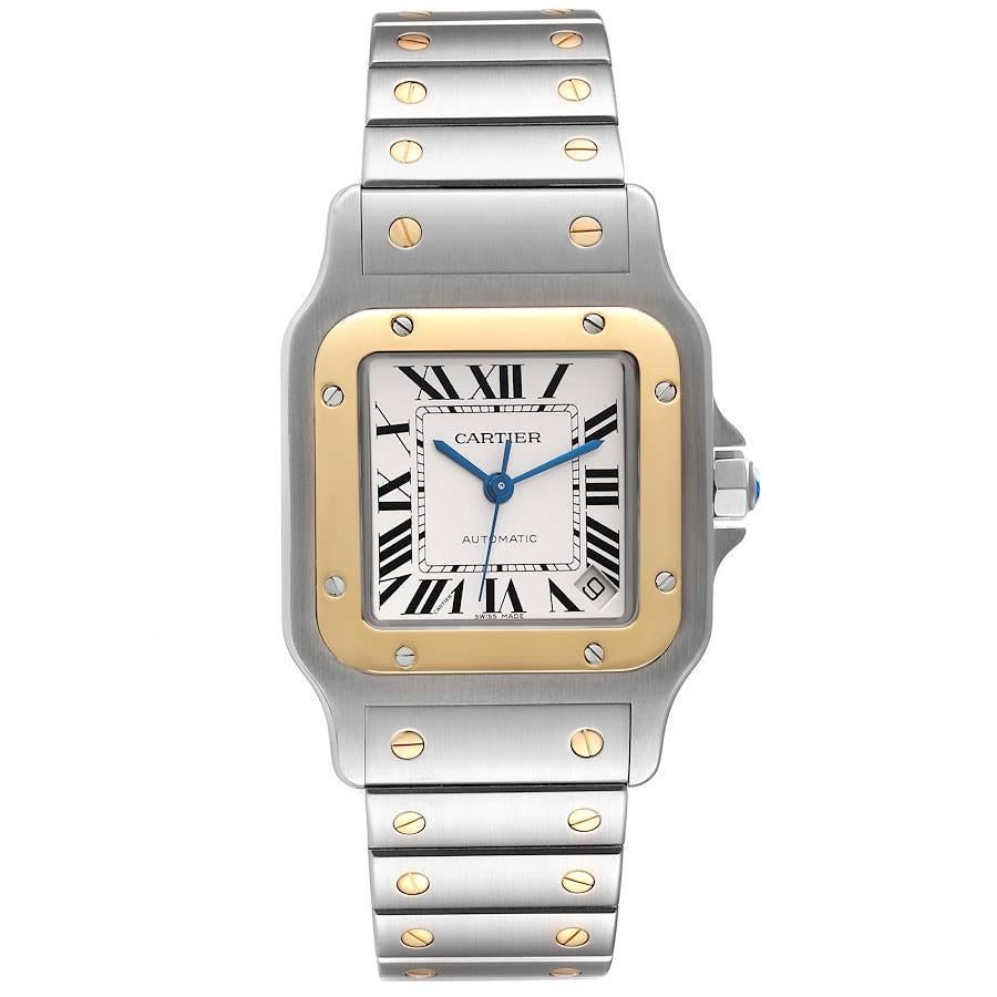 Cartier Santos Galbee XL Steel Yellow Gold Mens Watch W20099C4. Automatic self-winding movement, Caliber 049. Brushed and polished stainless steel case 32 X 45 mm. Stainless steel protected octagonal crown set with a faceted spinel cabochon. 18K