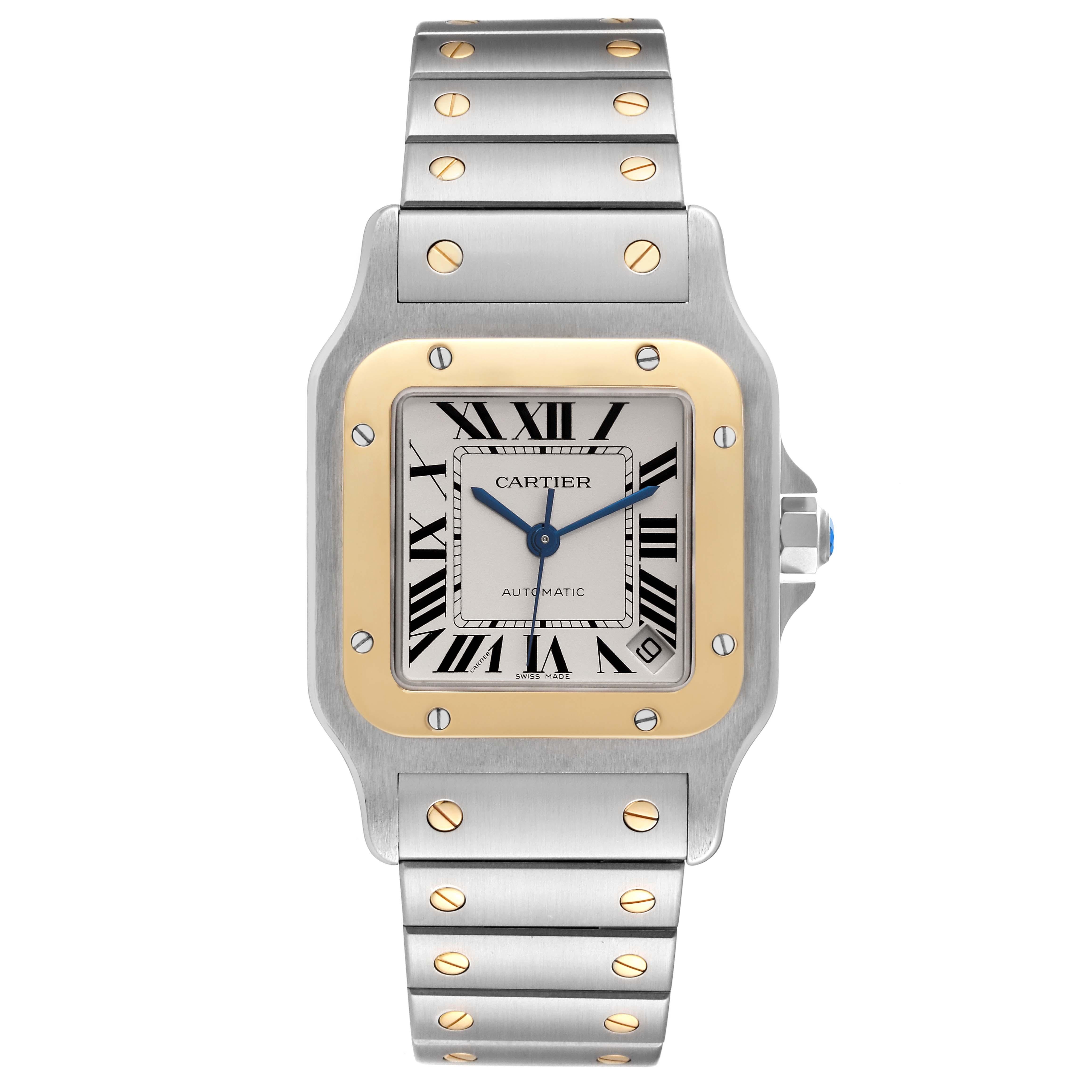 Cartier Santos Galbee XL Steel Yellow Gold Mens Watch W20099C4. Automatic self-winding movement, Caliber 049. Brushed and polished stainless steel case 32 X 45 mm. Stainless steel protected octagonal crown set with a faceted blue spinel cabochon.