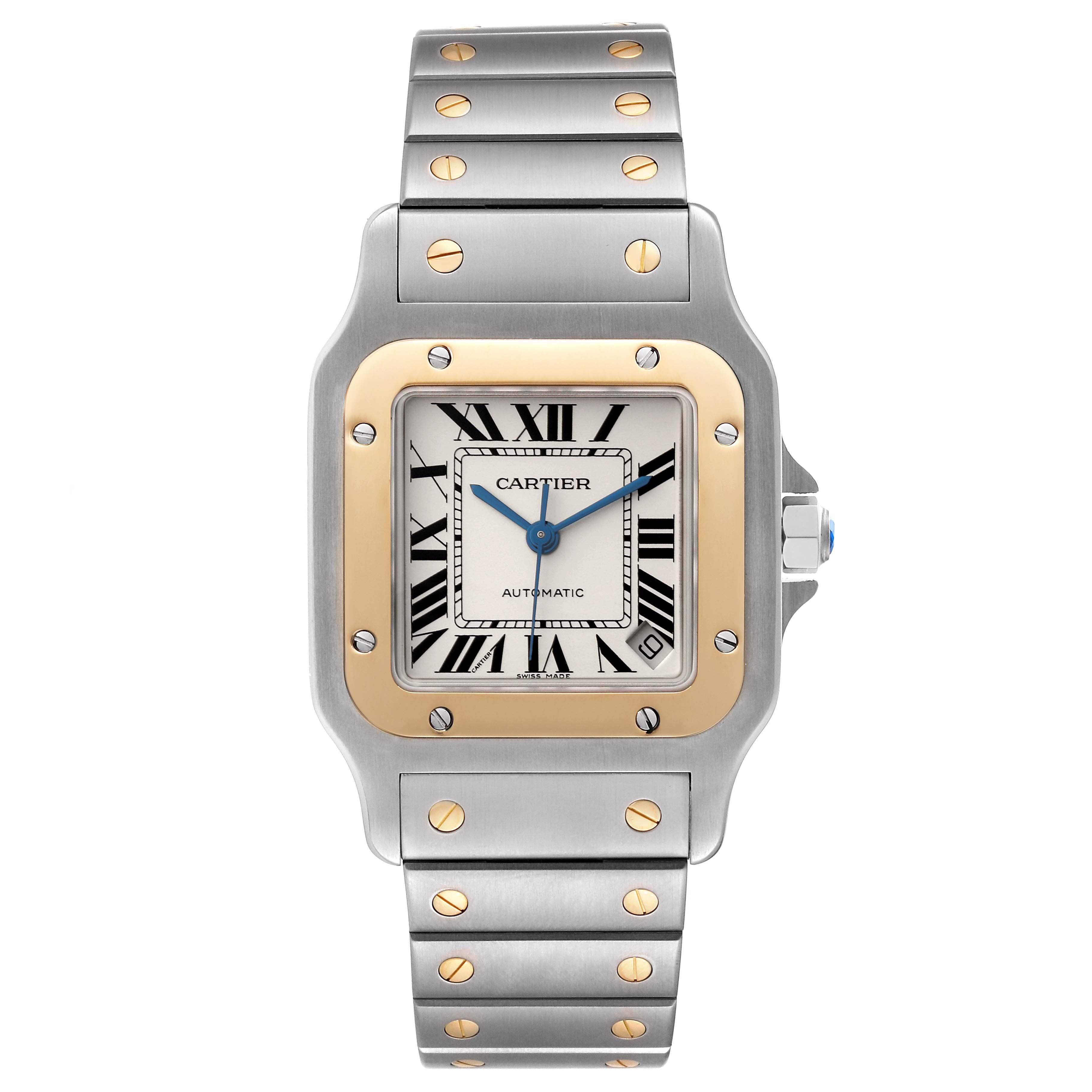 Cartier Santos Galbee XL Steel Yellow Gold Mens Watch W20099C4. Automatic self-winding movement, Caliber 049. Brushed and polished stainless steel case 32 X 45 mm. Stainless steel protected octagonal crown set with a faceted blue spinel cabochon.