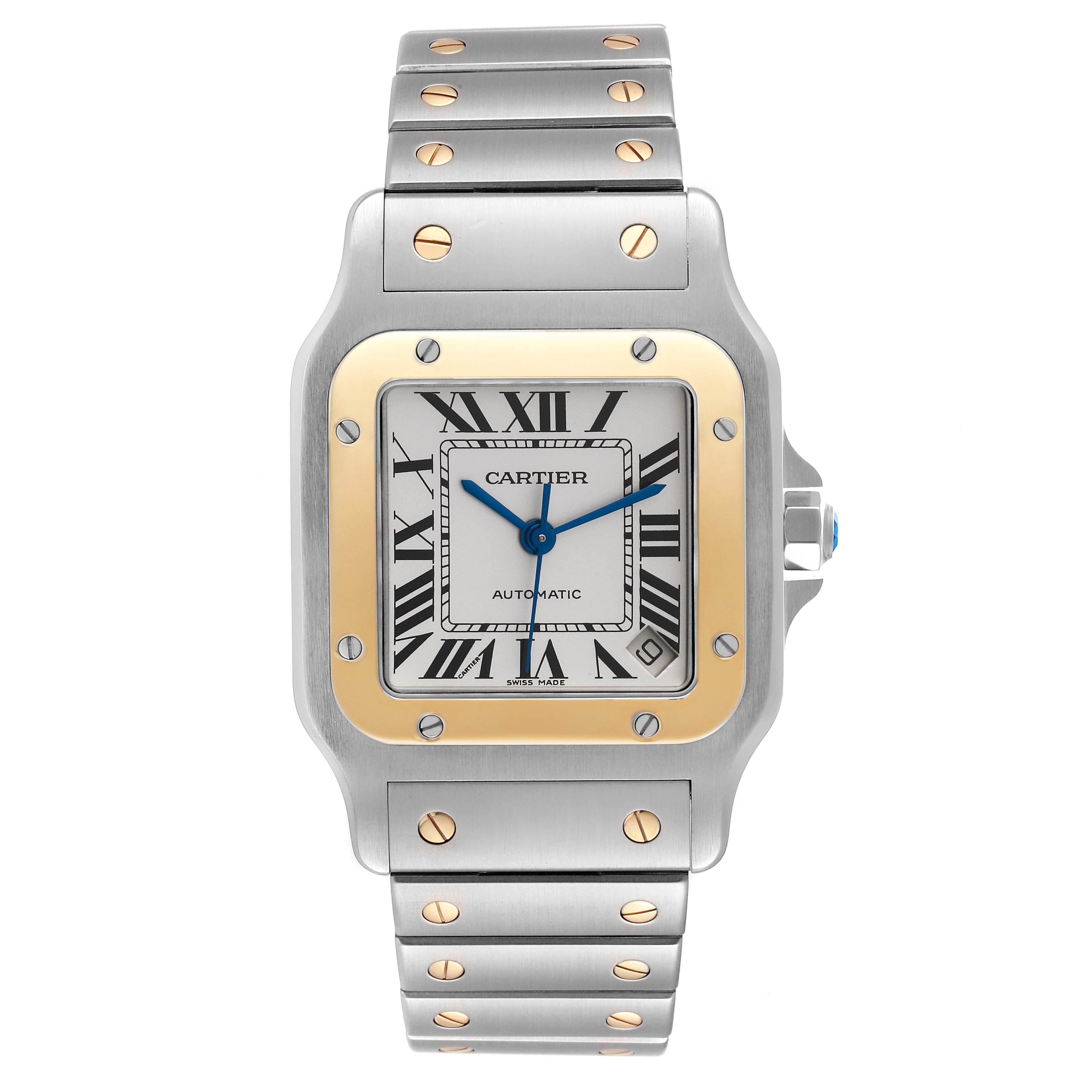 Cartier Santos Galbee XL Steel Yellow Gold Mens Watch W20099C4 Papers. Automatic self-winding movement, Caliber 049. Brushed and polished stainless steel case 32 X 45 mm. Stainless steel protected octagonal crown set with a faceted blue spinel