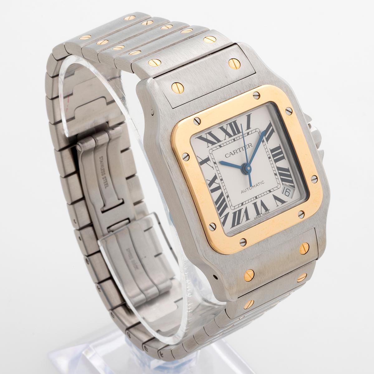 Our rare Cartier Santos Galbee XL features a 18k yellow gold and stainless steel case of 25mm x 45mm with 18k yellow gold and stainless steel bracelet, is powered by an automatic movement and has a date function. This largest (in period) Santos