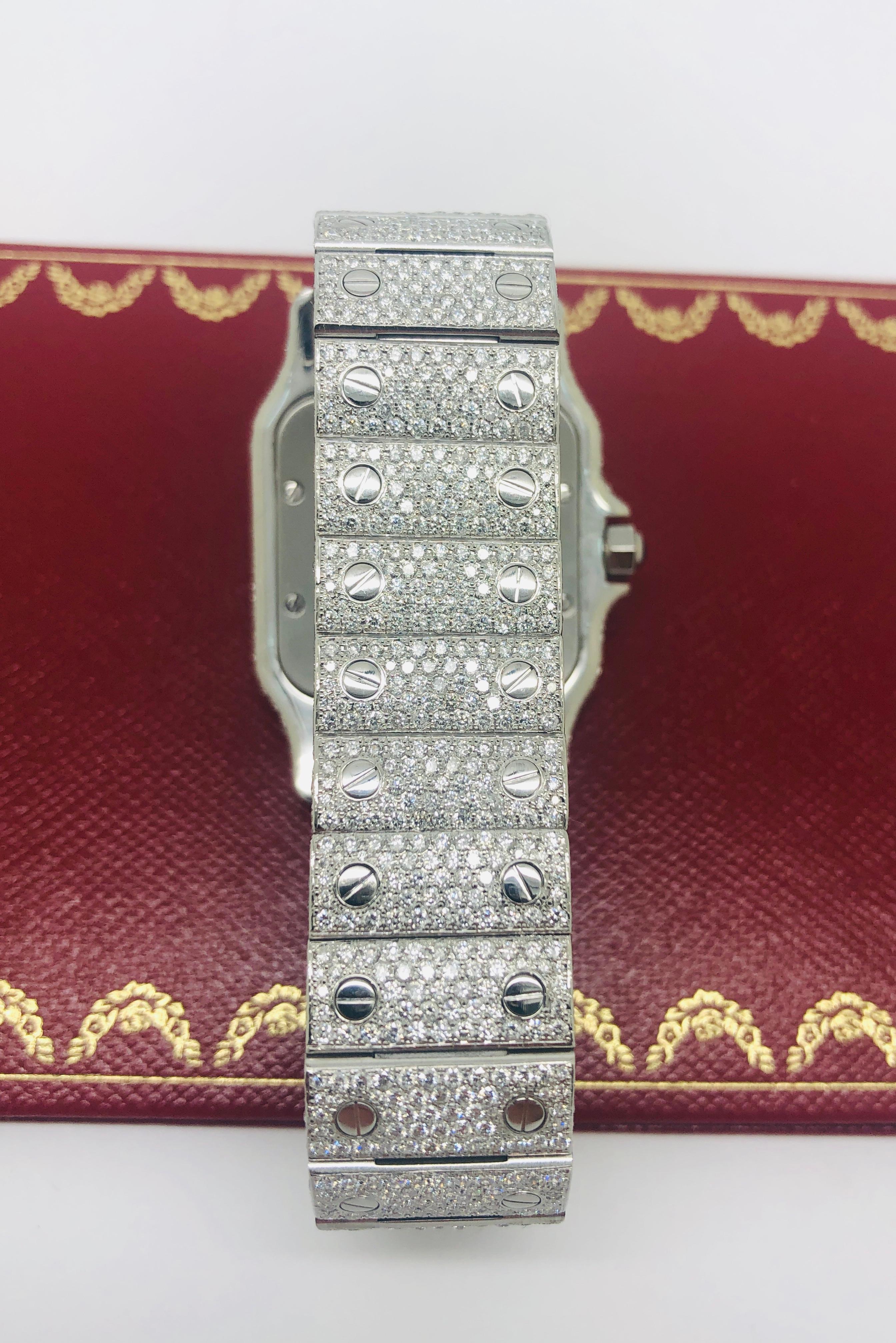 Round Cut Cartier Santos Iced Out 15 Carats VVS Diamonds White Roman Dial Watch For Sale