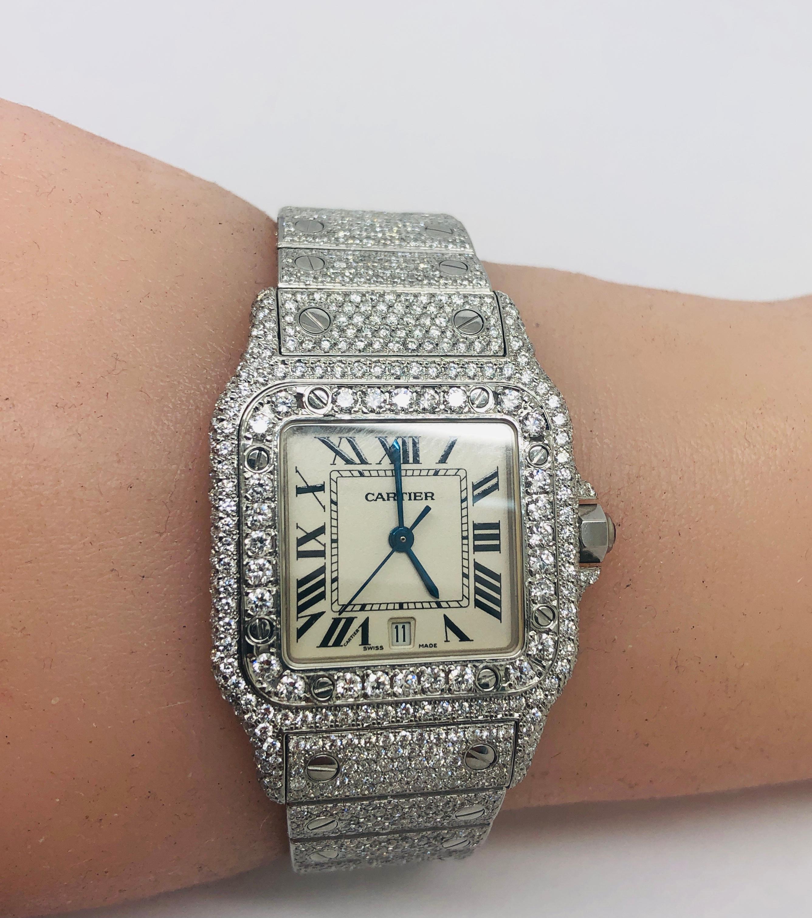 Women's or Men's Cartier Santos Iced Out 15 Carats VVS Diamonds White Roman Dial Watch For Sale