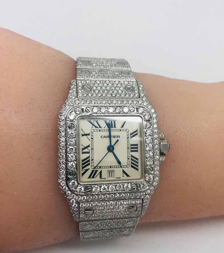 Cartier Santos Iced Out 15 Carats VVS Diamonds White Roman Dial Watch ...