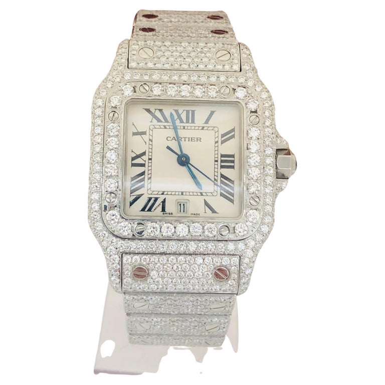 Cartier Santos Iced Out 15 Carats VVS Diamonds White Roman Dial Watch For  Sale at 1stDibs