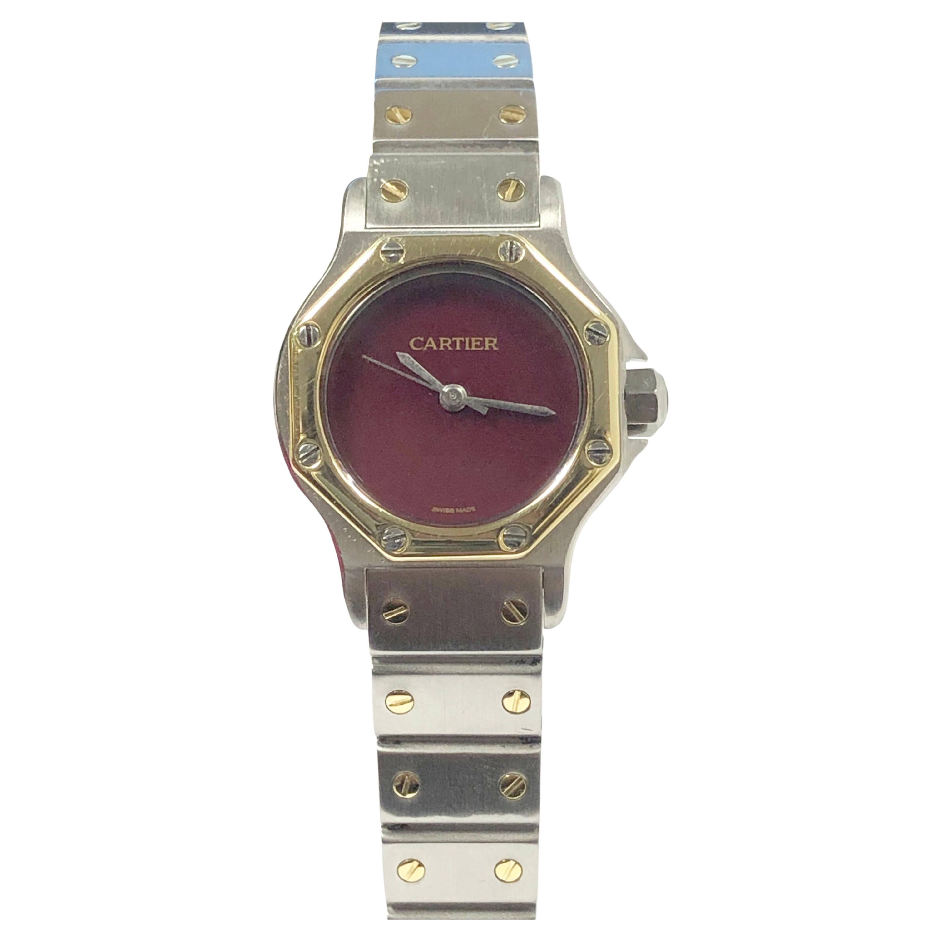Cartier Santos Ladies Burgundy Dial Steel and Gold Automatic Wrist Watch