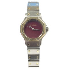 Vintage Cartier Santos Ladies Burgundy Dial Steel and Gold Automatic Wrist Watch