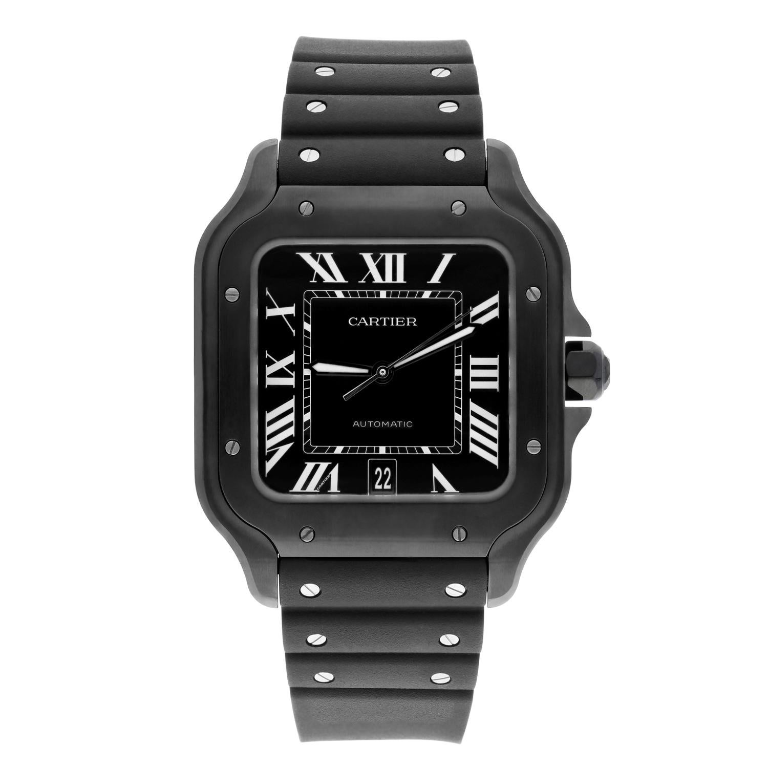 This Cartier Santos wristwatch is a perfect blend of classic and casual style. The bezel, dial, and band are all black, giving a sleek and modern look. The 39.8mm case is made of stainless steel, and the band is made of rubber for added durability.