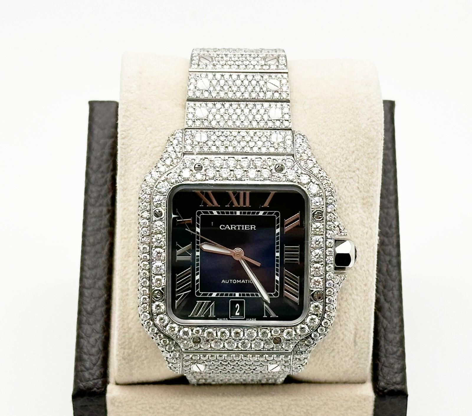 Cartier Santos Large 4072 WSSA0030 Blue Dial Diamond Encrusted Steel Box Paper