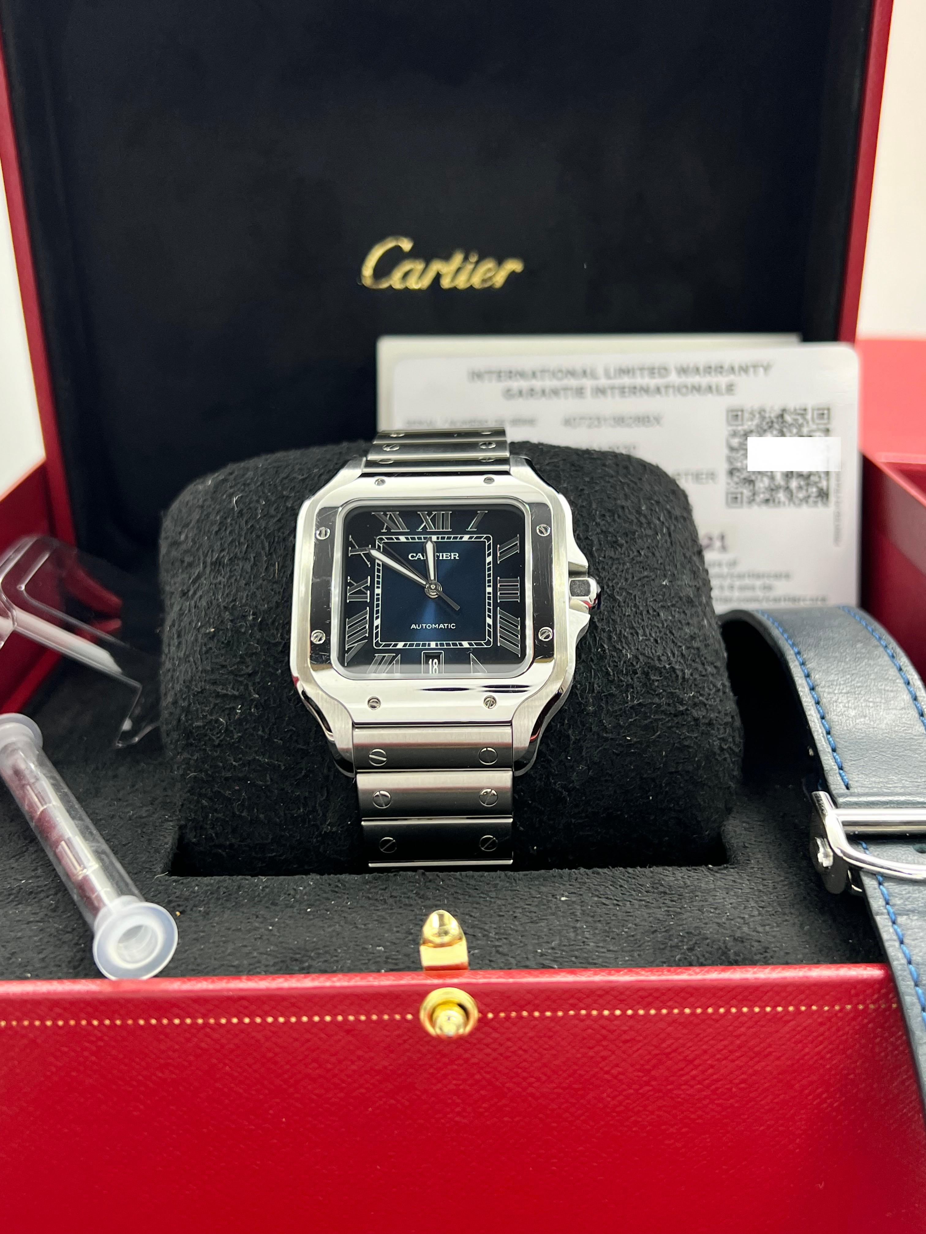 Style Number: 4072 / WSSA0030
Year: 2021
Model: Cartier Santos Large Model
Case Material: Stainless Steel 
Band: Stainless Steel 
Bezel:  Stainless Steel 
Dial: Blue Roman Numerals 
Face: Sapphire Crystal 
Case Size: 39.8mm 
Includes: 
-Cartier Box