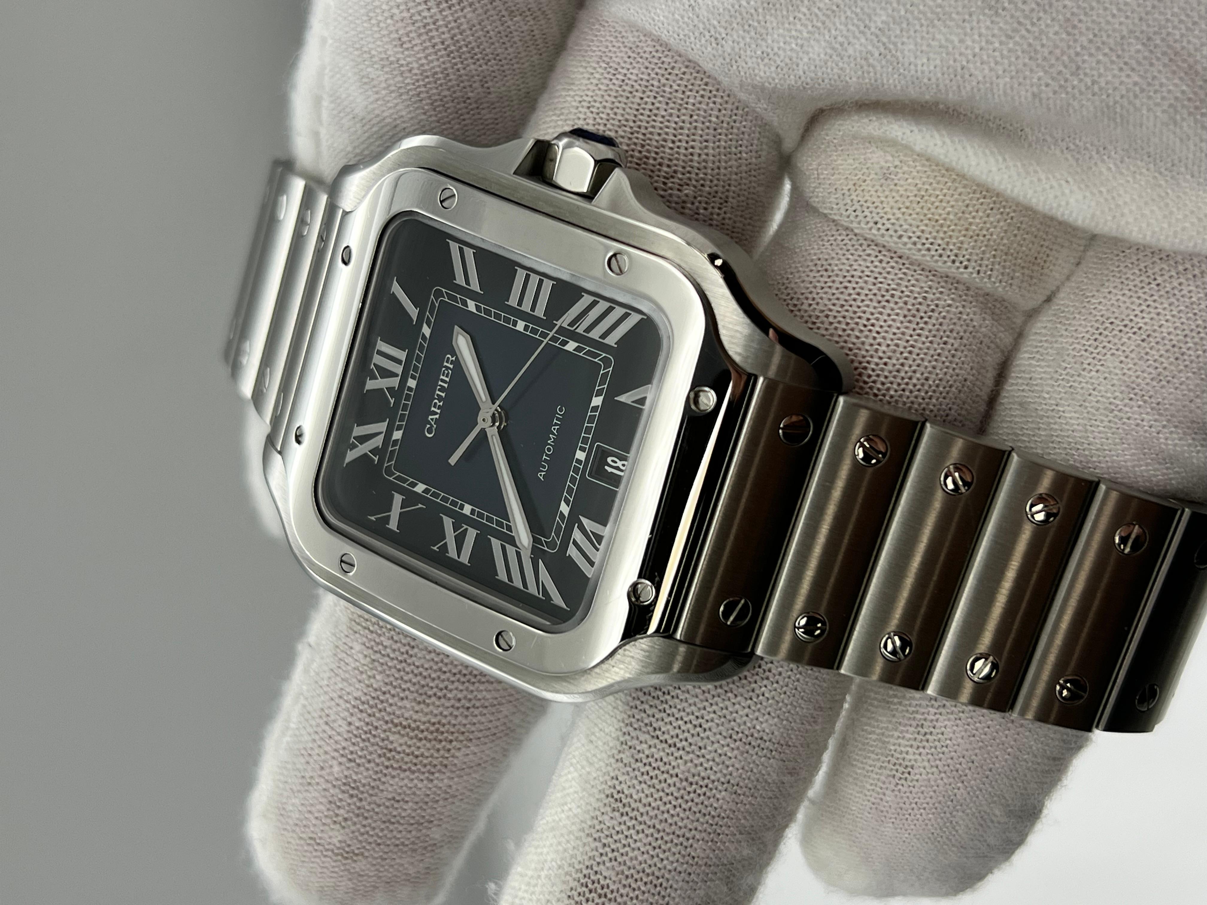 Cartier Santos Large 4072 WSSA0030 Blue Dial Stainless Steel Box Paper 2021 In Excellent Condition For Sale In San Diego, CA