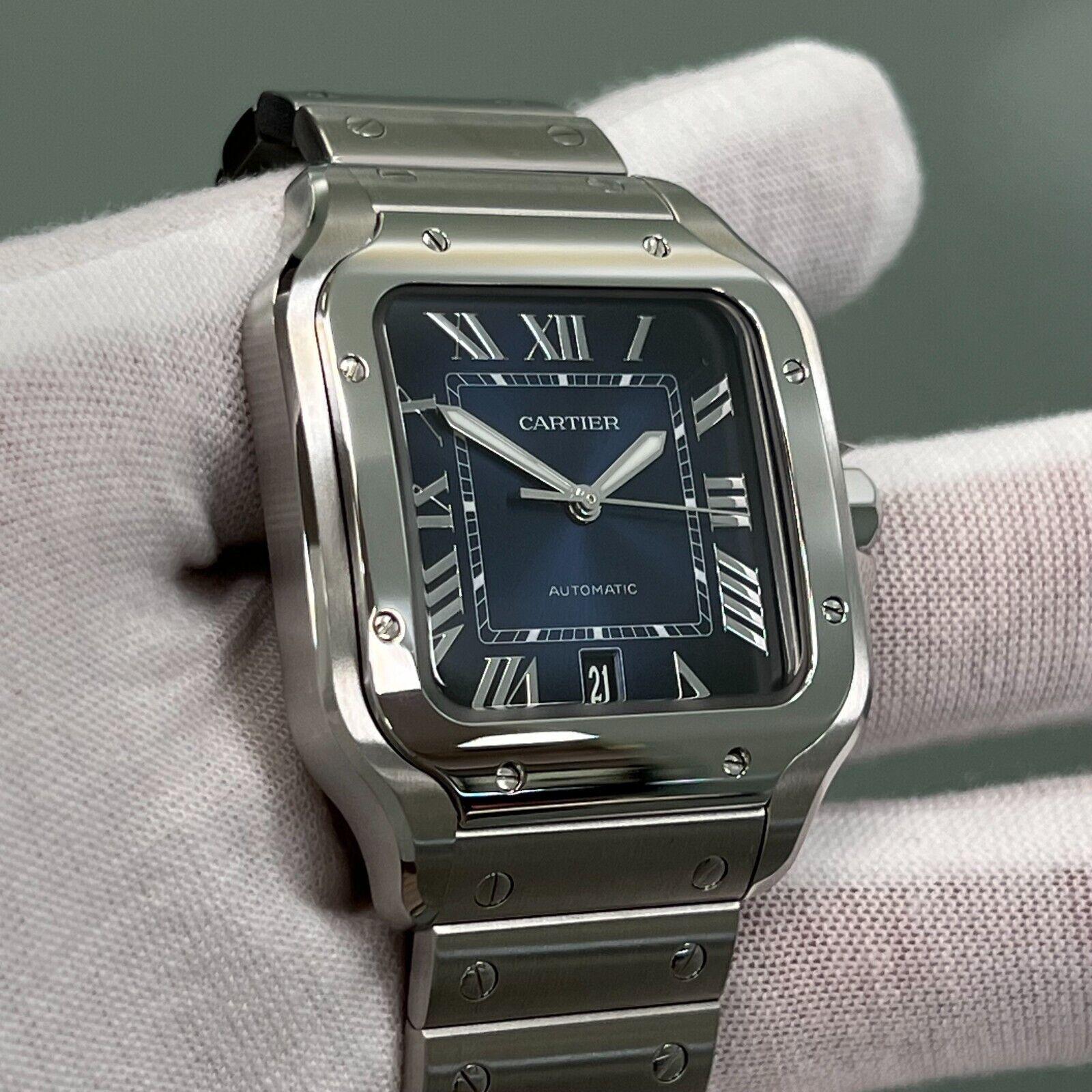 Cartier Santos Große 4072 WSSA0030 Blaues Zifferblatt Edelstahl Box Papier mit blauem Zifferblatt für Damen oder Herren
