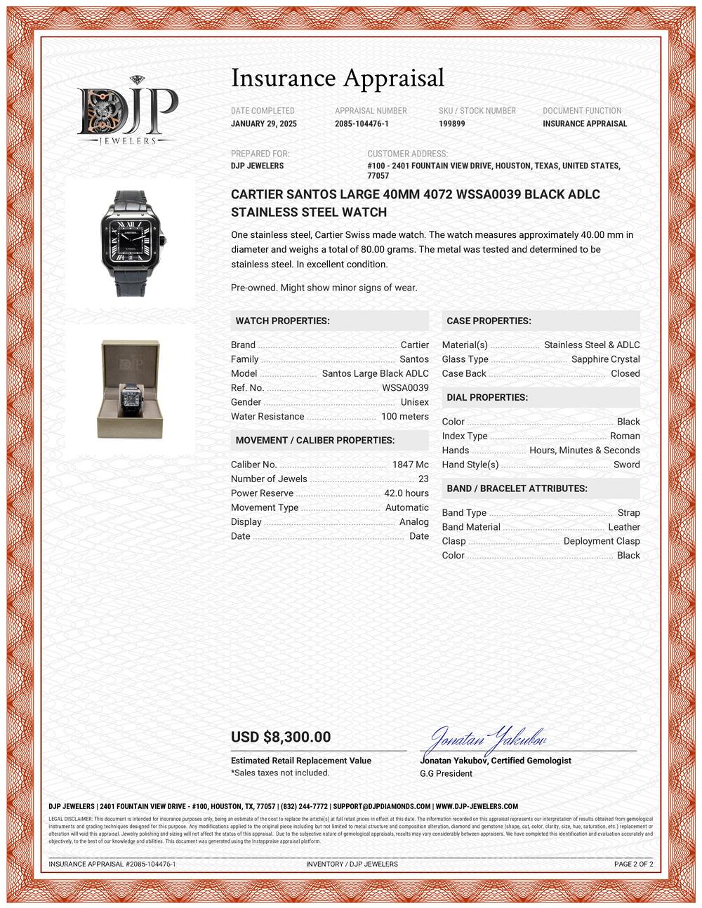 Cartier Santos Large 40MM 4072 WSSA0039 Black Adlc Stainless Steel Watch 6