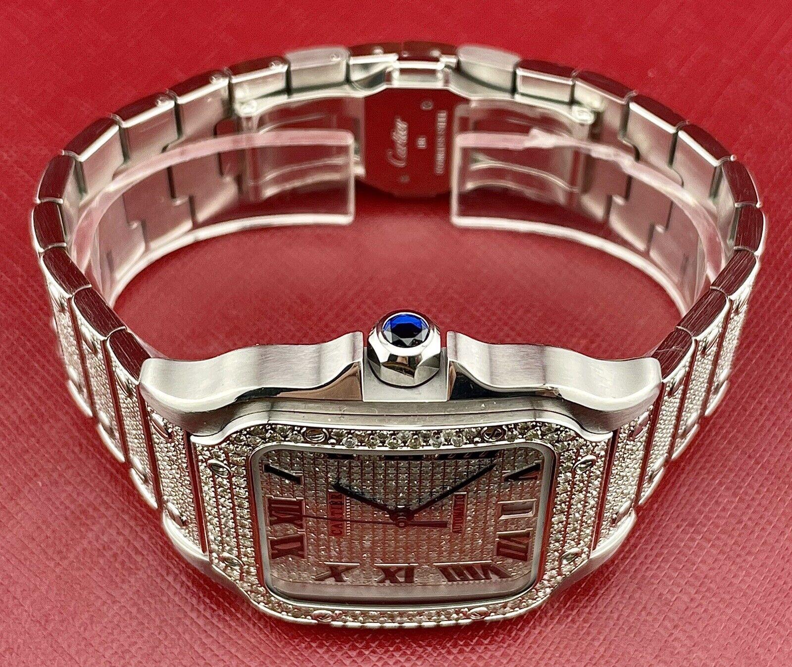 Modern Cartier Santos Large Men's 40mm Steel Watch Roman Iced Out 7ct Diamonds WSSA0018