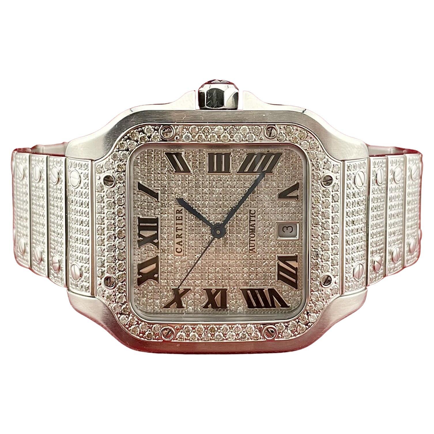 Cartier Santos Large Men's 40mm Steel Watch Roman Iced Out 7ct Diamonds WSSA0018