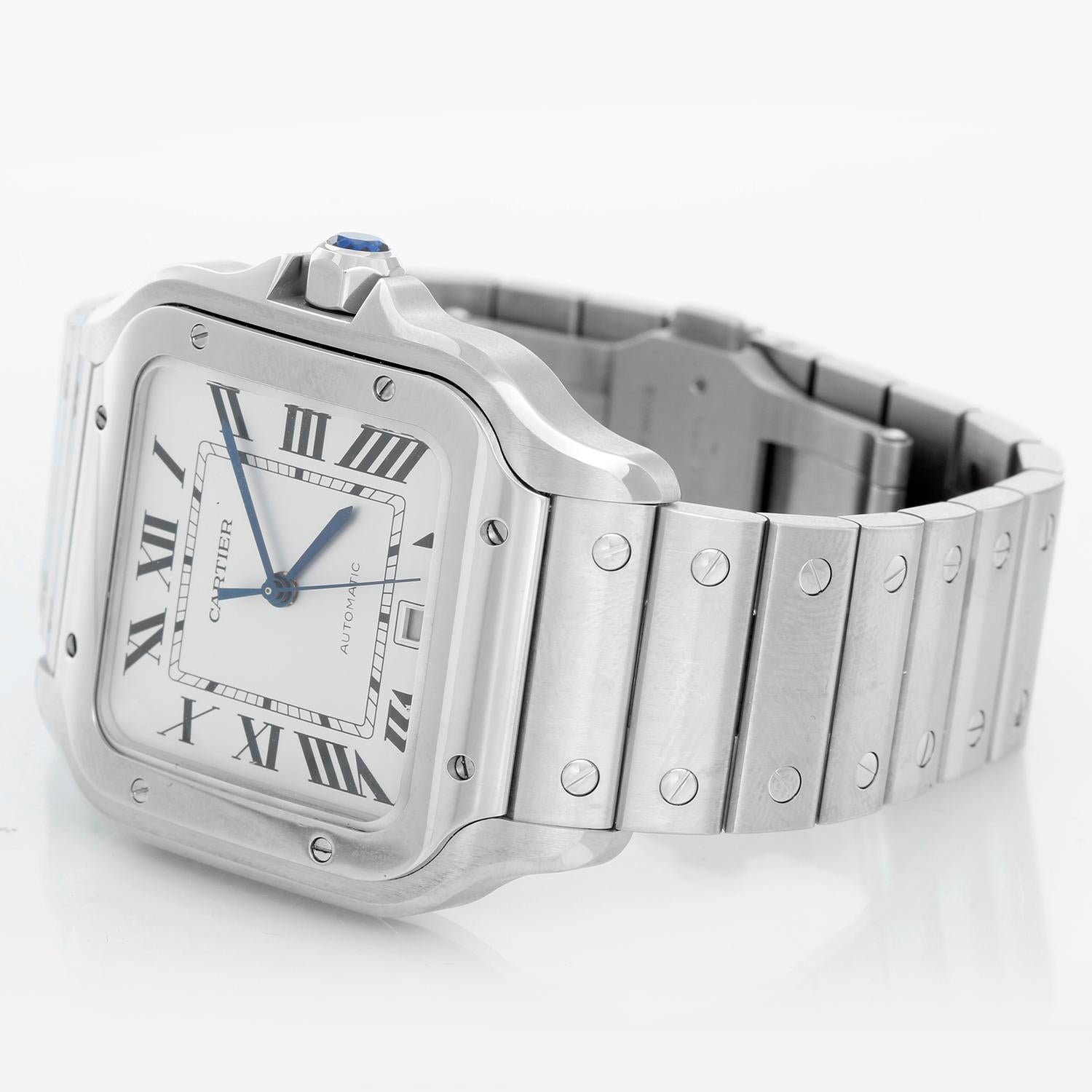 Cartier Santos Large  Men's Stainless Steel Watch WSSA0018 4072 - Automatic movement. Stainless steel case (38mm). White dial with black Roman numerals, blued steel hands and date at 6 o'clock . Stainless steel Santos bracelet & extra brown leather