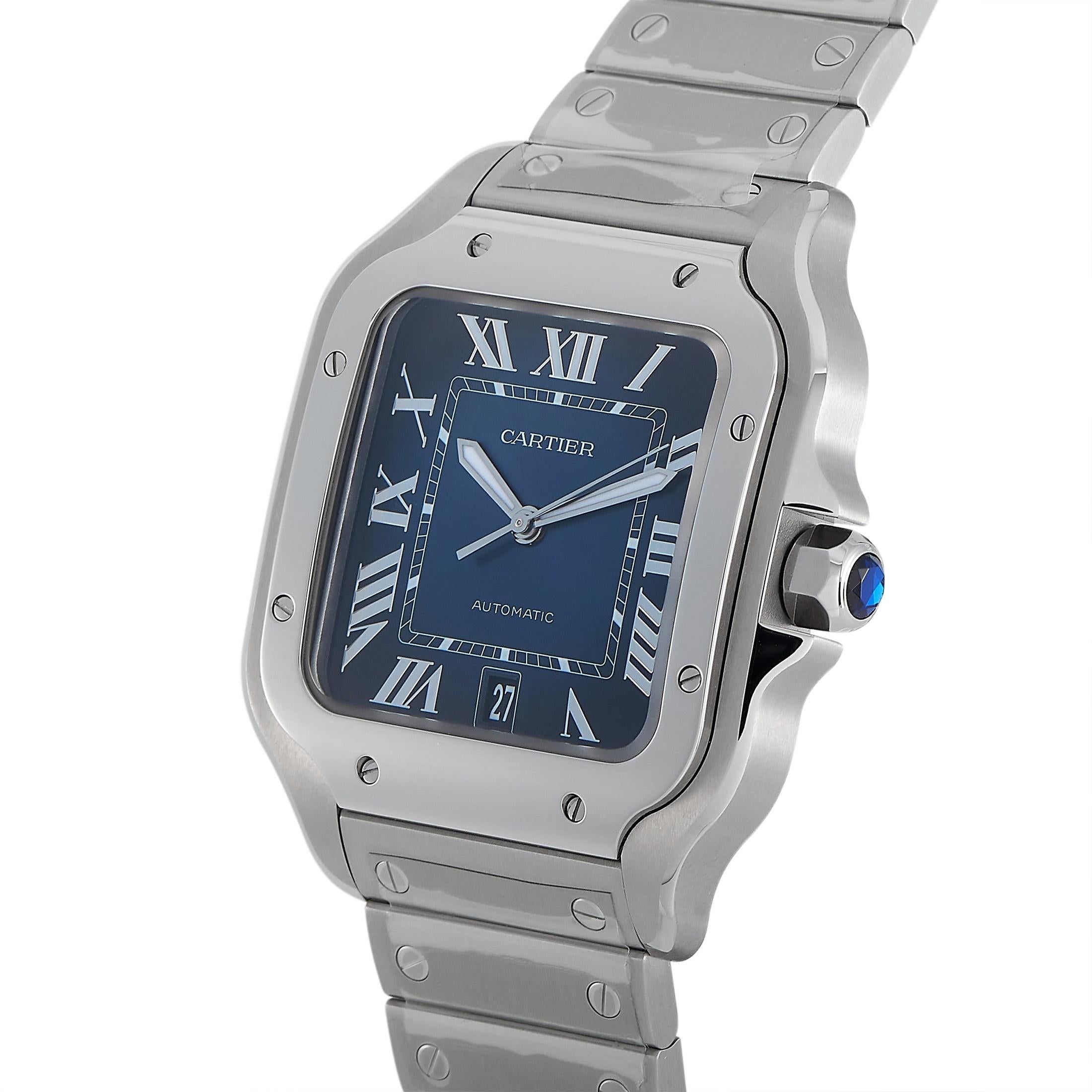 The Cartier Santos Watch, reference number WSSA0030, is the most sophisticated accessory you’ll ever own. 

This impeccable watch includes a bracelet, bezel, and 39.8 mm x 47.5 mm case crafted from stainless steel. On the brilliant blue dial,