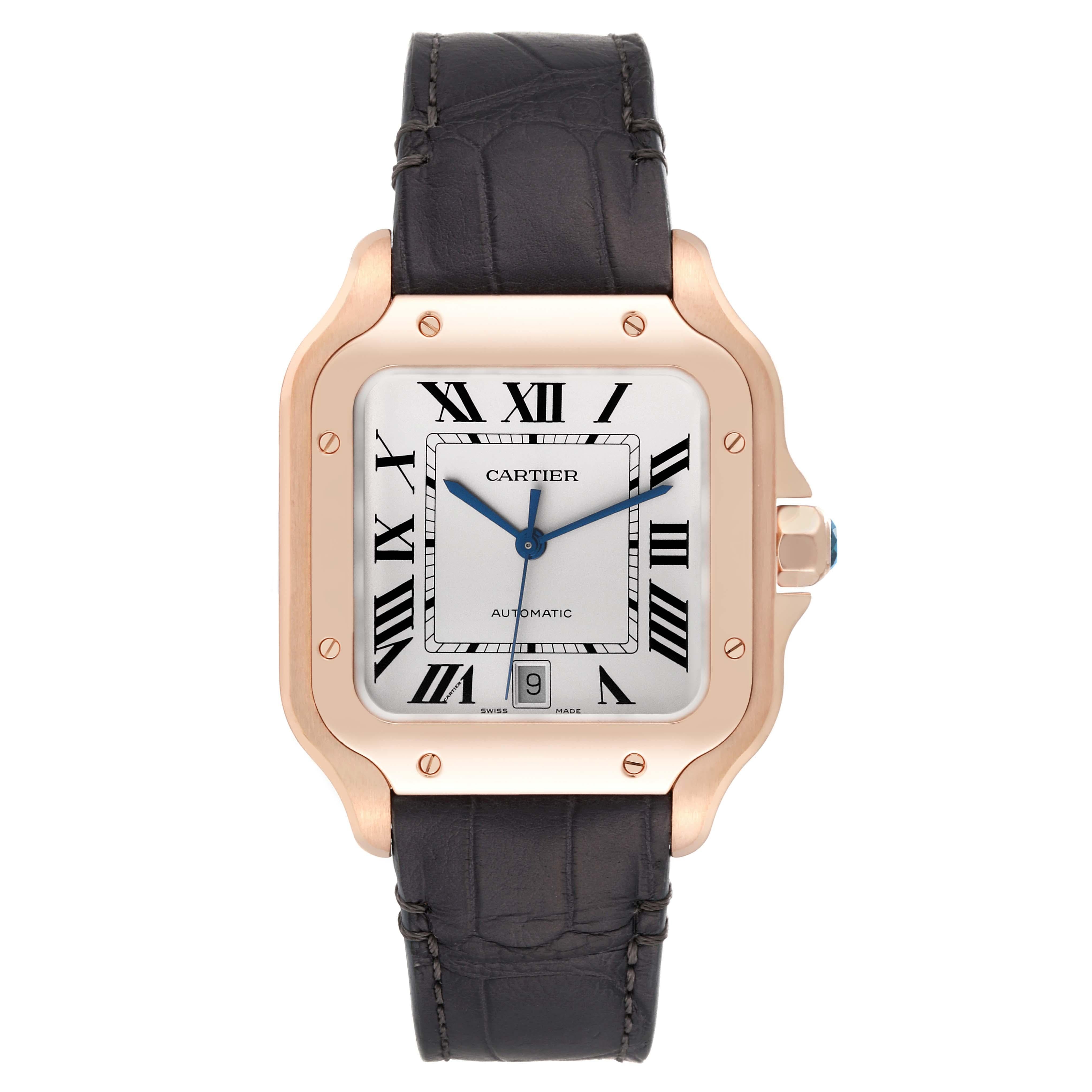 Cartier Santos Large Rose Gold Grey Strap Mens Watch WGSA0019 Box Card In Excellent Condition For Sale In Atlanta, GA