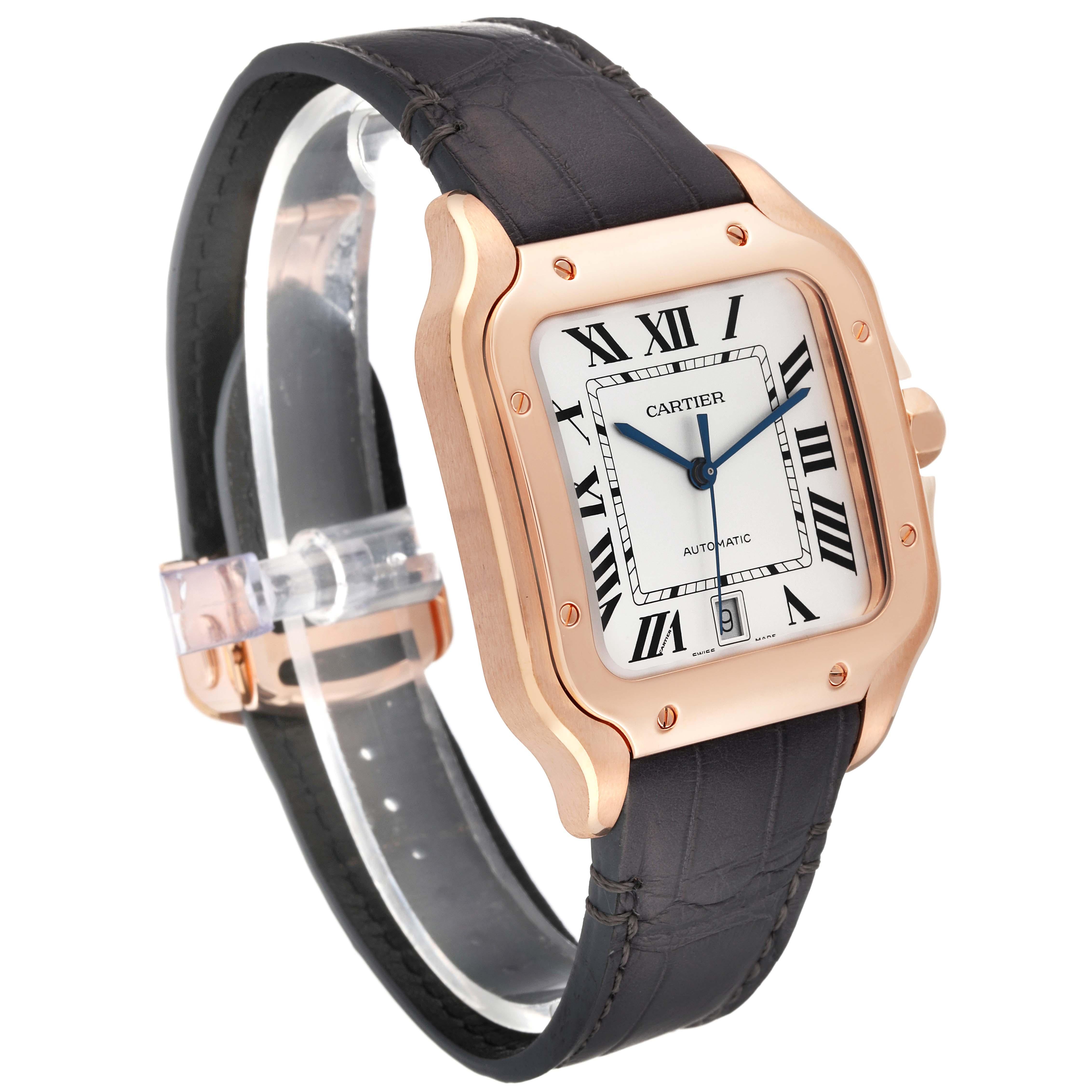 Cartier Santos Large Rose Gold Grey Strap Mens Watch WGSA0019 Box Card For Sale 2