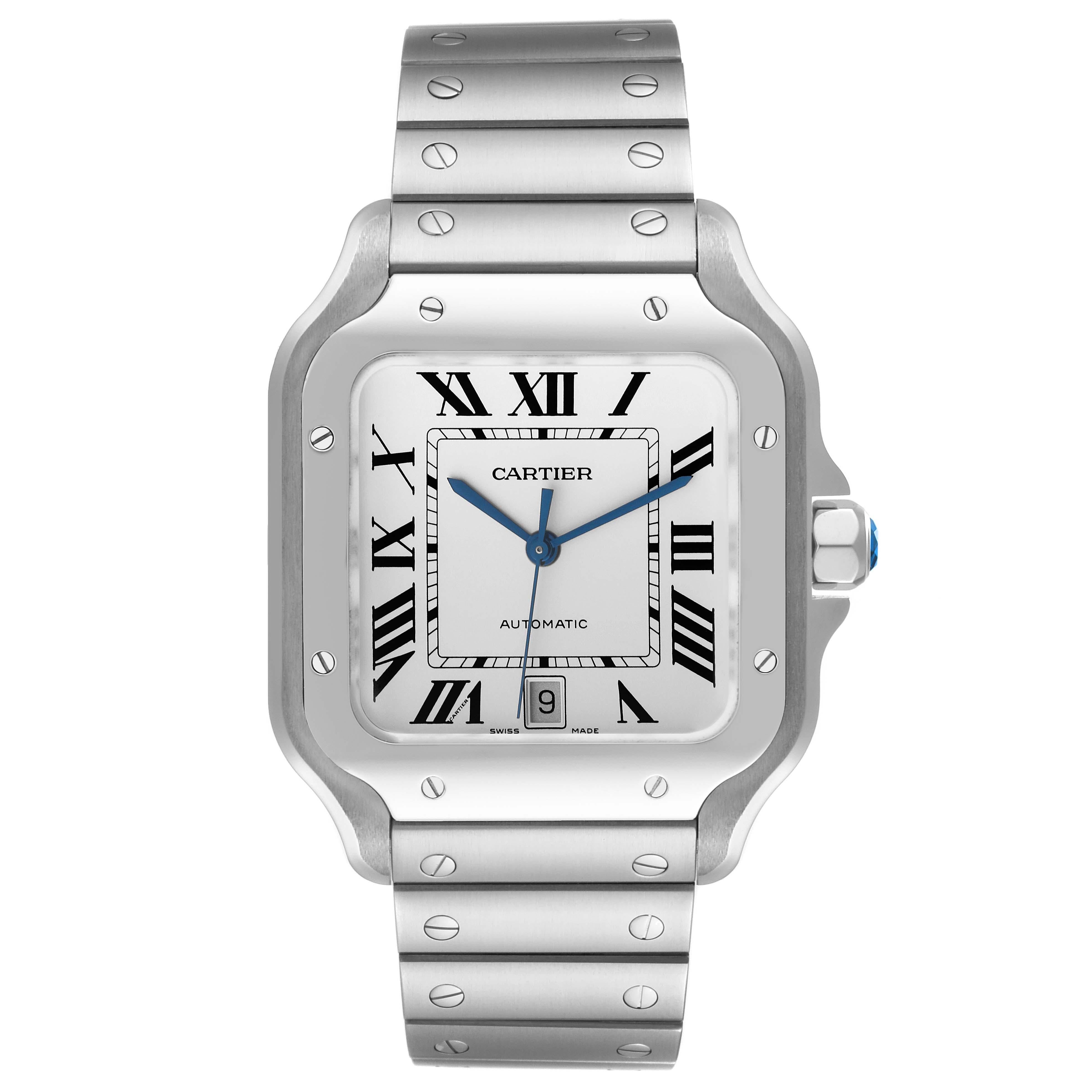 Cartier Santos Large Silver Dial Steel Mens Watch WSSA0018 Box Card. Automatic self-winding movement. Stainless steel case 39.8 x 47.5 mm.  Octagonal crown set with the faceted blue spinel. Stainless steel bezel punctuated with 8 signature screws.