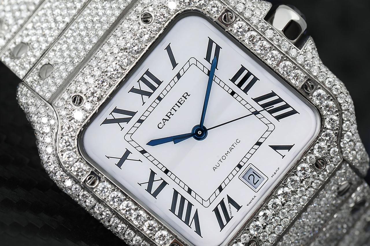 Cartier Santos Large Stainless Steel Watch with Custom Diamonds Factory White Roman Numeral Dial WSSA0018

WATCH COMES WITH ORIGINAL BOX, PAPERS AND ADDITIONAL BROWN LEATHER STRAP! Mechanical movement with automatic winding, caliber 1847 MC. Steel