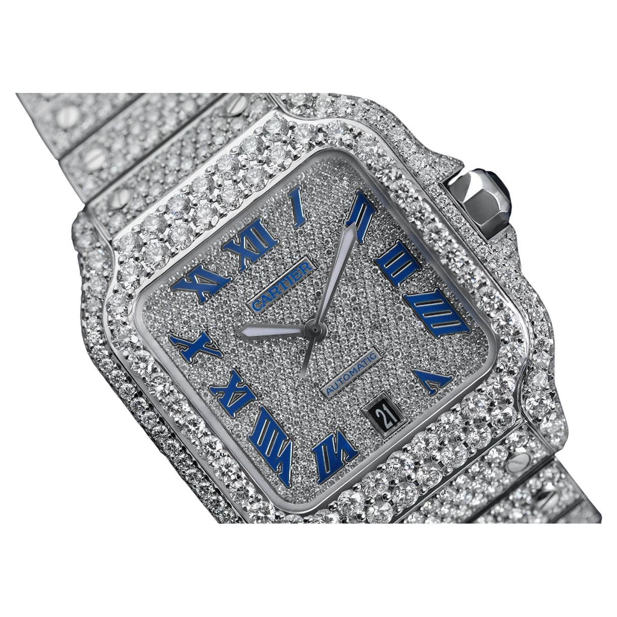 Cartier Santos Large Stainless Steel Watch with Custom Diamonds WSSA0018 For Sale