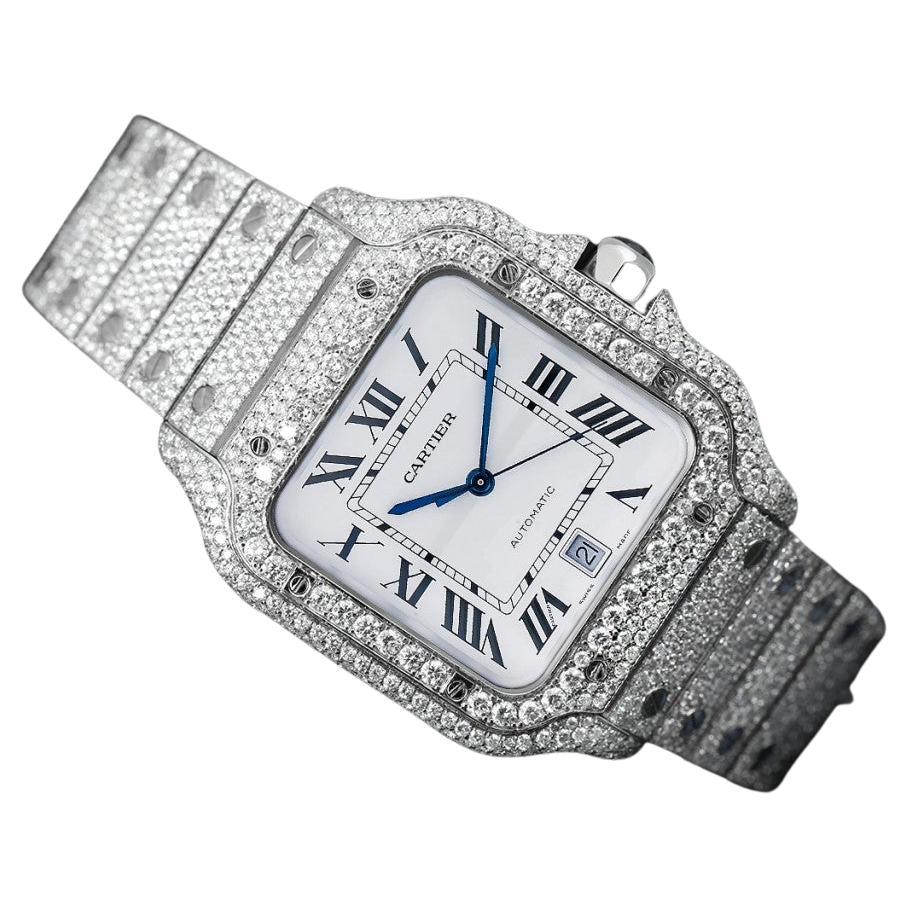 Cartier Santos Large Stainless Steel Watch with Custom Diamonds WSSA0018 For Sale