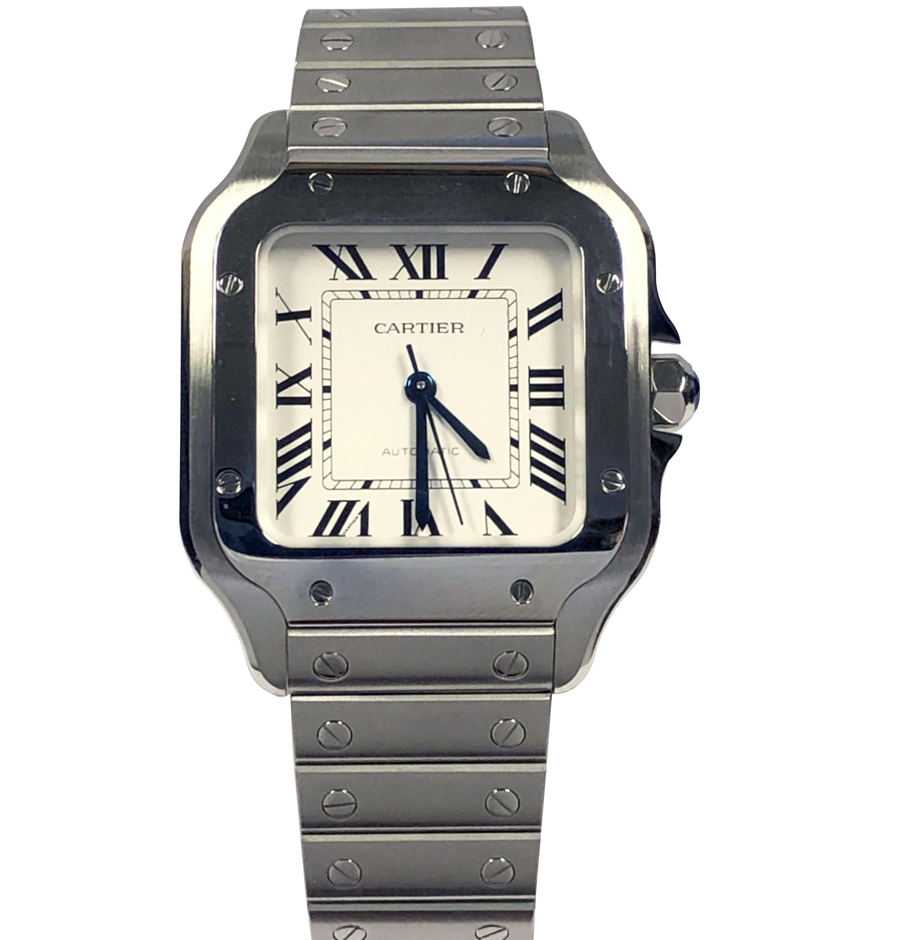Cartier Santos, grande montre-bracelet automatique en acier en vente 1