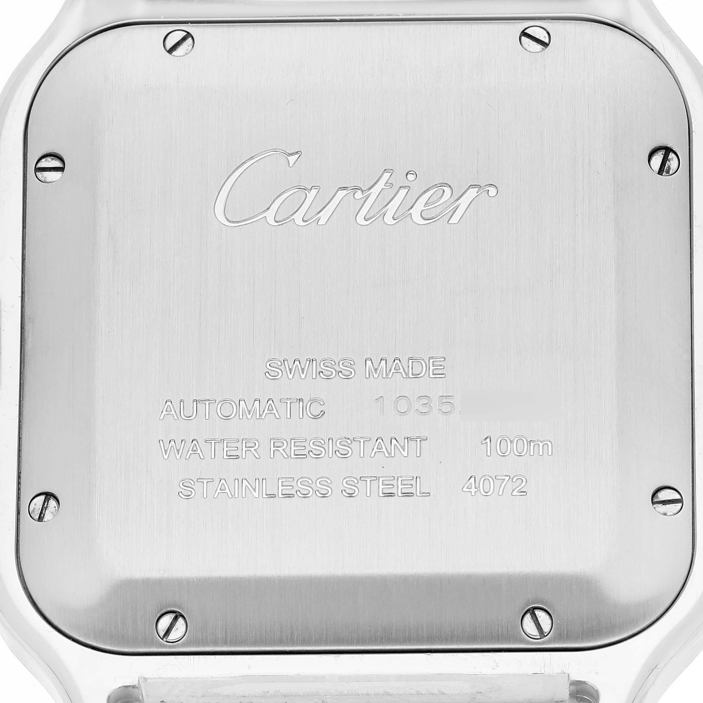 Cartier Santos Large Steel Yellow Gold Mens Watch W2SA0006 Box Card. Automatic self-winding movement. Stainless steel case 39.8 x 47.5mm. Steel octagonal crown set with blue faceted spinel. 18k yellow gold bezel punctuated with 8 signature screws.