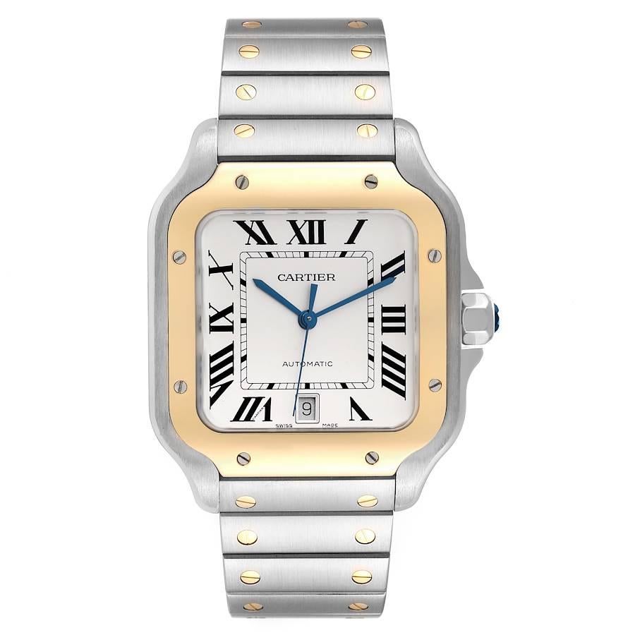 Cartier Santos Large Steel Yellow Gold Mens Watch W2SA0009 Card. Automatic self-winding movement. Stainless steel case 39.8 mm x 47.5 mm . Steel octagonal crown set with the faceted spinel. 18K yellow gold bezel punctuated with 8 signature screws.