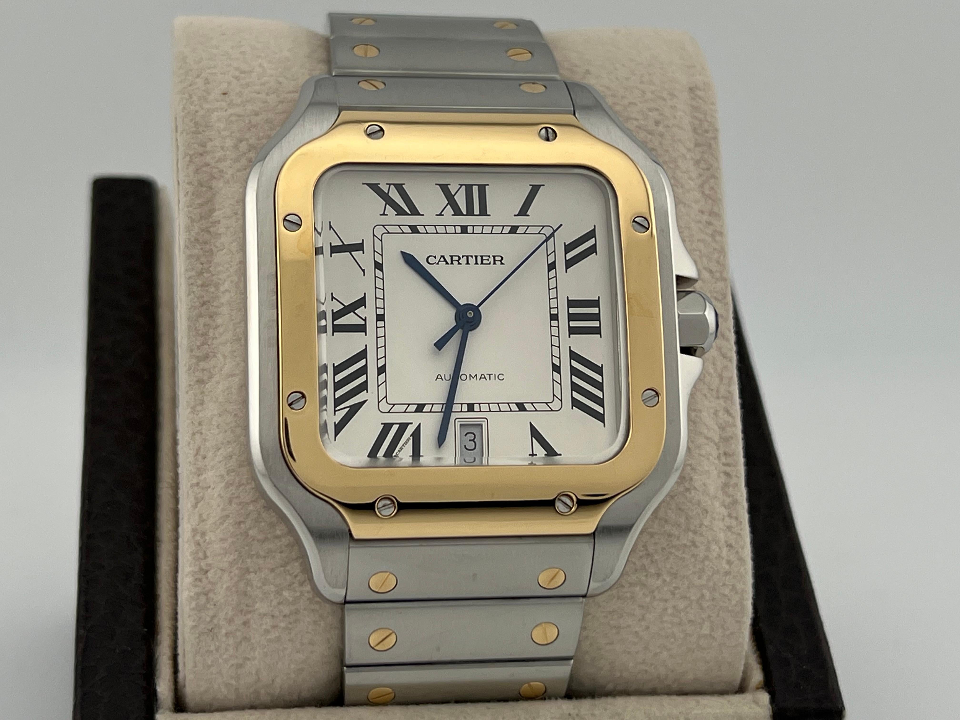 Cartier Santos Large W2SA0009 Ref 4072 18K Yellow Gold Steel Box Paper In Excellent Condition In San Diego, CA