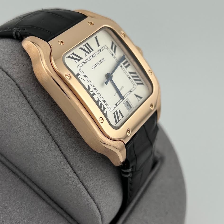 Cartier Santos Large WGSA0011 4071 39,8 mm Quadrante argento Oro rosa 18 carati Pelle In condizioni buone in vendita a San Diego, CA