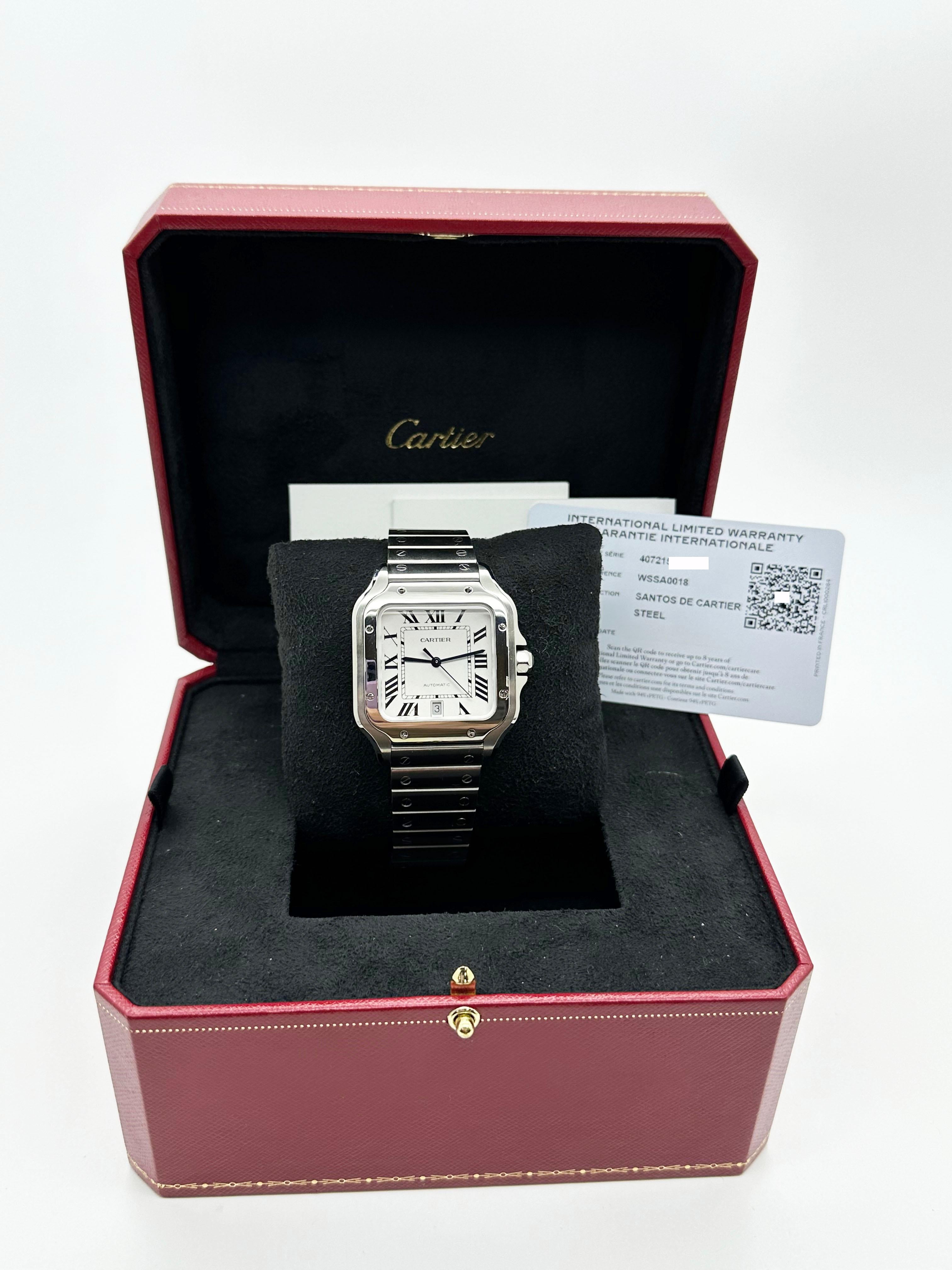 
Style Number: WSSA0018 / Ref 4072 

 

Model: Santos Large

 

Case Material: Stainless Steel 

 

Band: Stainless Steel 

 

Bezel:  Stainless Steel 

 

Dial: Silver Dial 

 

Face: Sapphire Crystal 

 

Case Size:  39.8mm 

 

Includes: