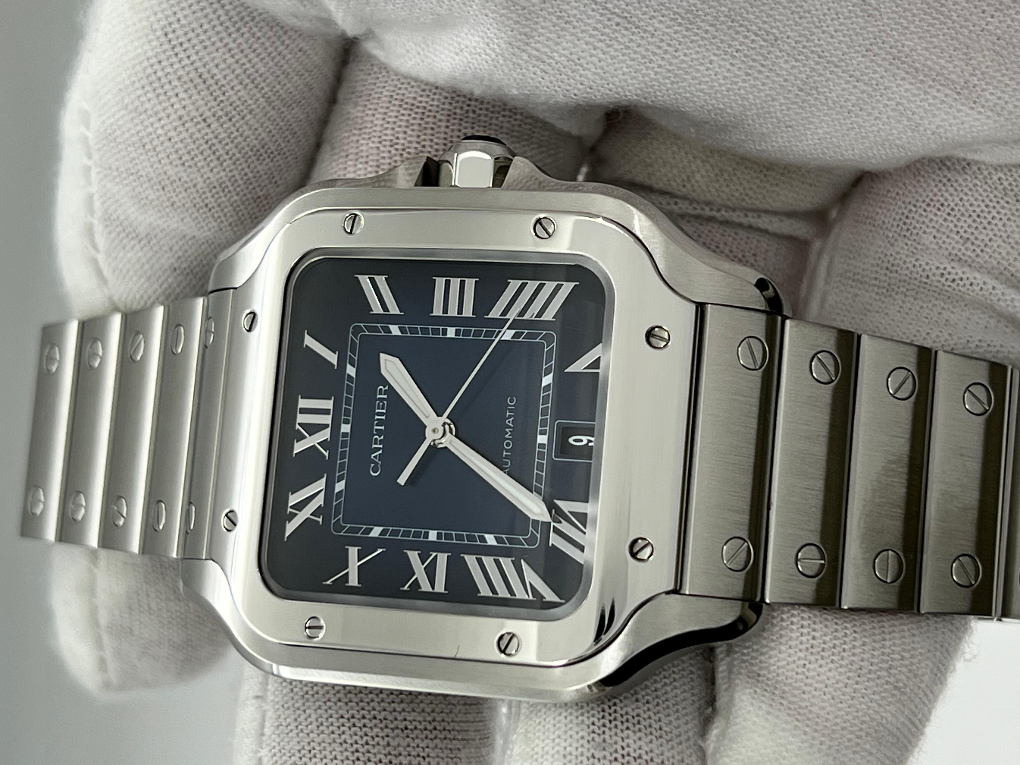 Style Number: Ref 4072 / WSSA0030
Year: 2022
Model: Cartier Santos Large Model
Case Material: Stainless Steel 
Band: Stainless Steel 
Bezel:  Stainless Steel 
Dial: Blue 
Face: Sapphire Crystal 
Case Size: 39.8mm 
Includes: -Cartier Box &