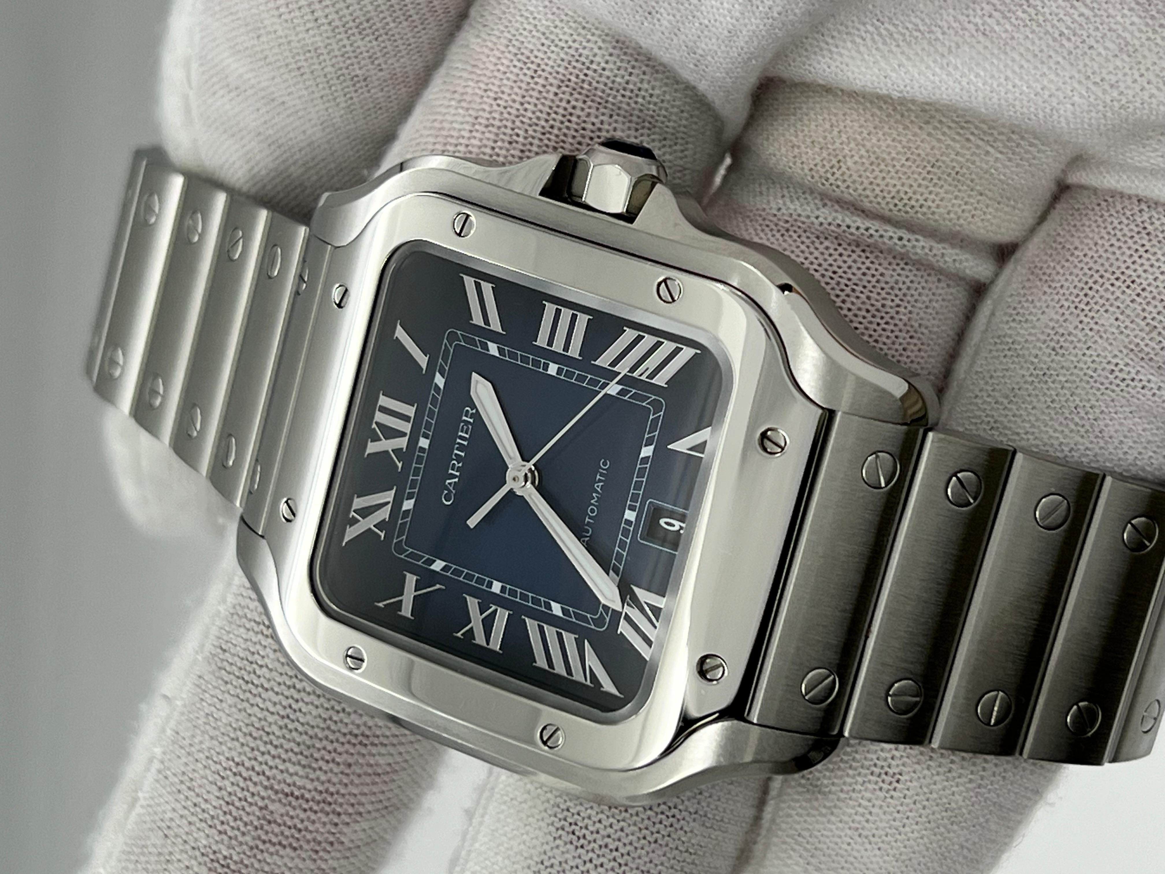Cartier Santos Large WSSA0030 4072 Blue Dial Stainless Steel Box Paper 2022 In Excellent Condition In San Diego, CA