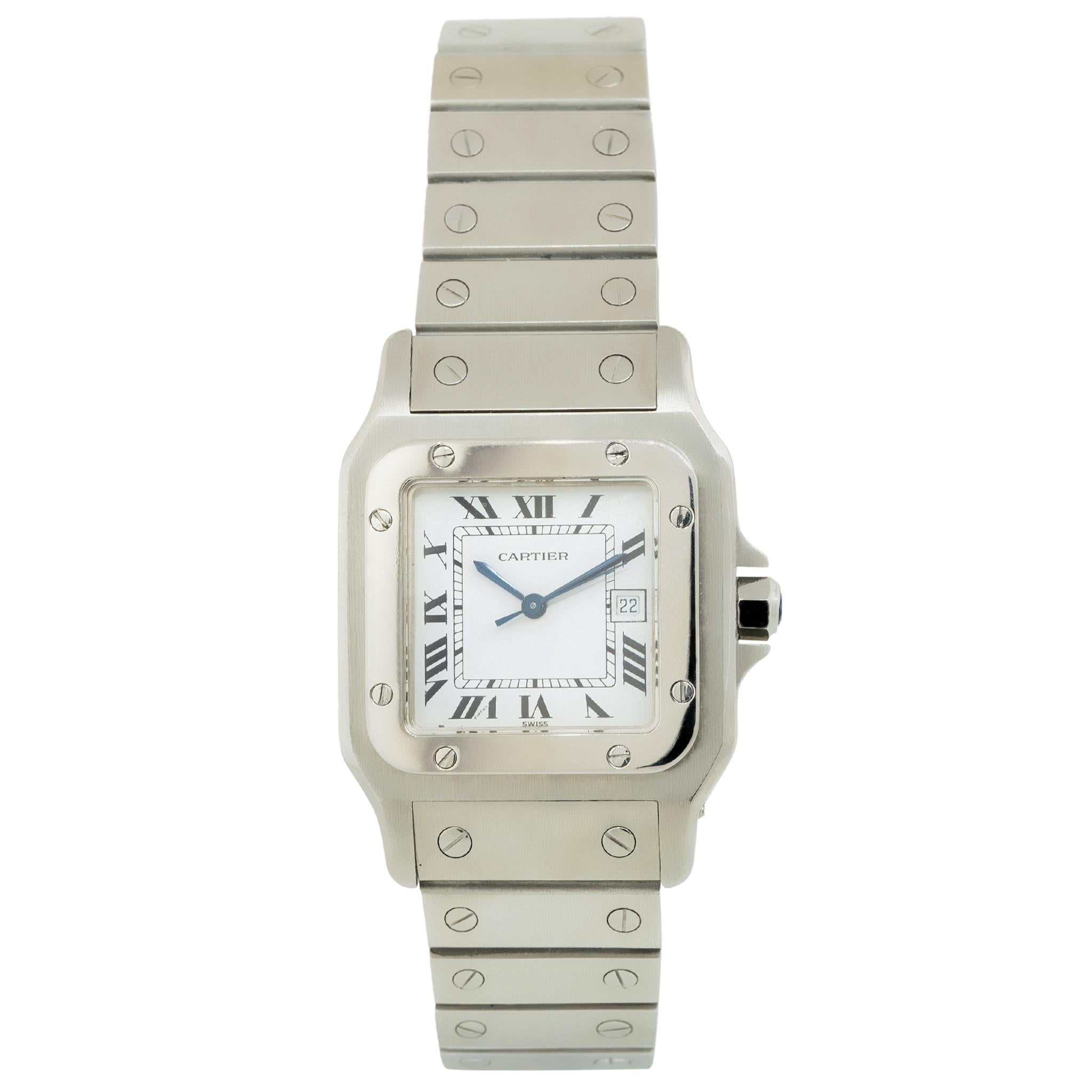 Brand: Cartier
Model: Cartier Santos - Medium
Case Material: Stainless Steel
Case Size: Cartier Medium
Dial: Off-White Roman Dial
Bezel: Fixed Smooth Stainless Steel Bezel
Bracelet: Stainless Steel
Movement: Automatic
Size: Will fit a 6.00