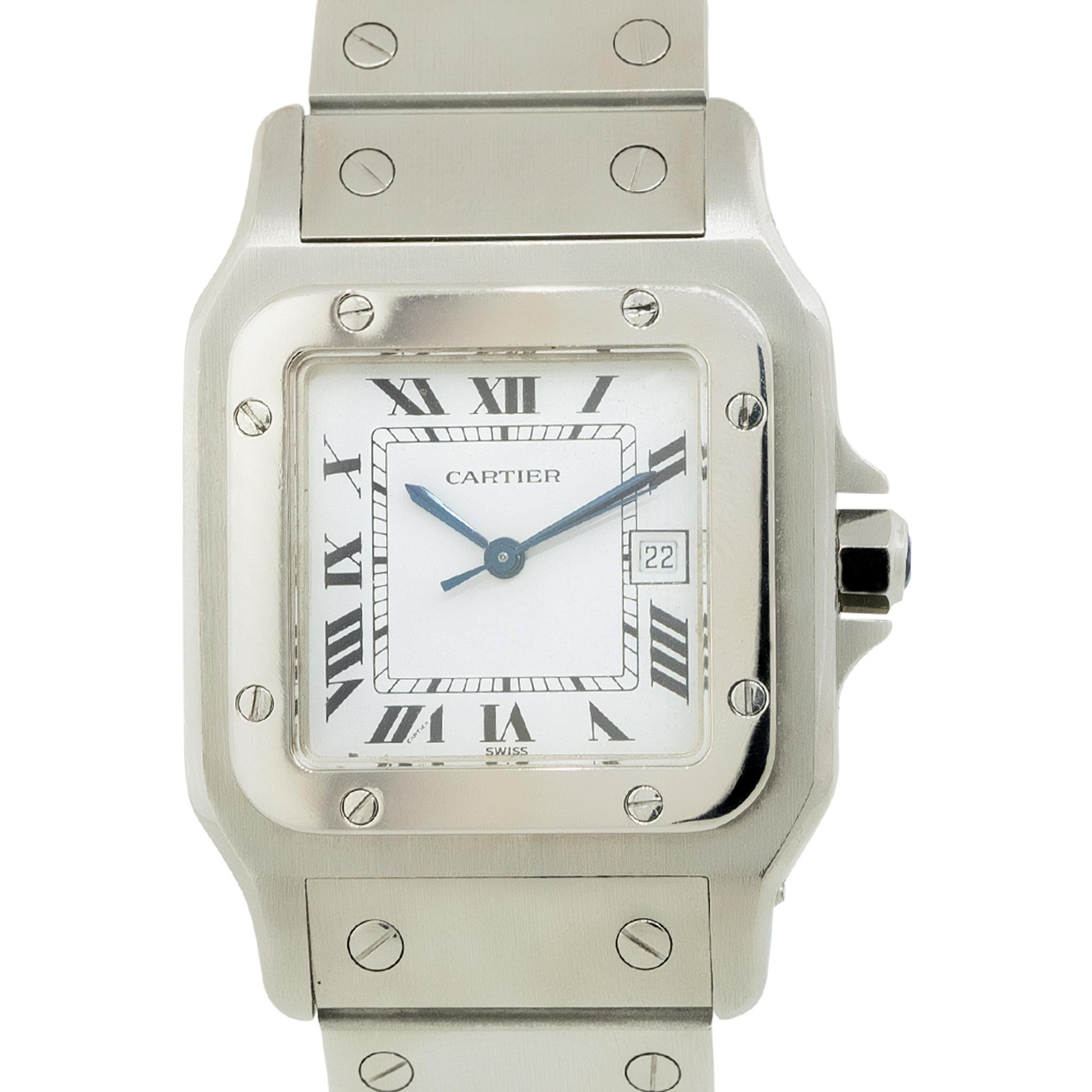Cartier Santos: Edelstahl-Uhr Santos Medium Modell Silber, auf Lager für Damen oder Herren im Angebot