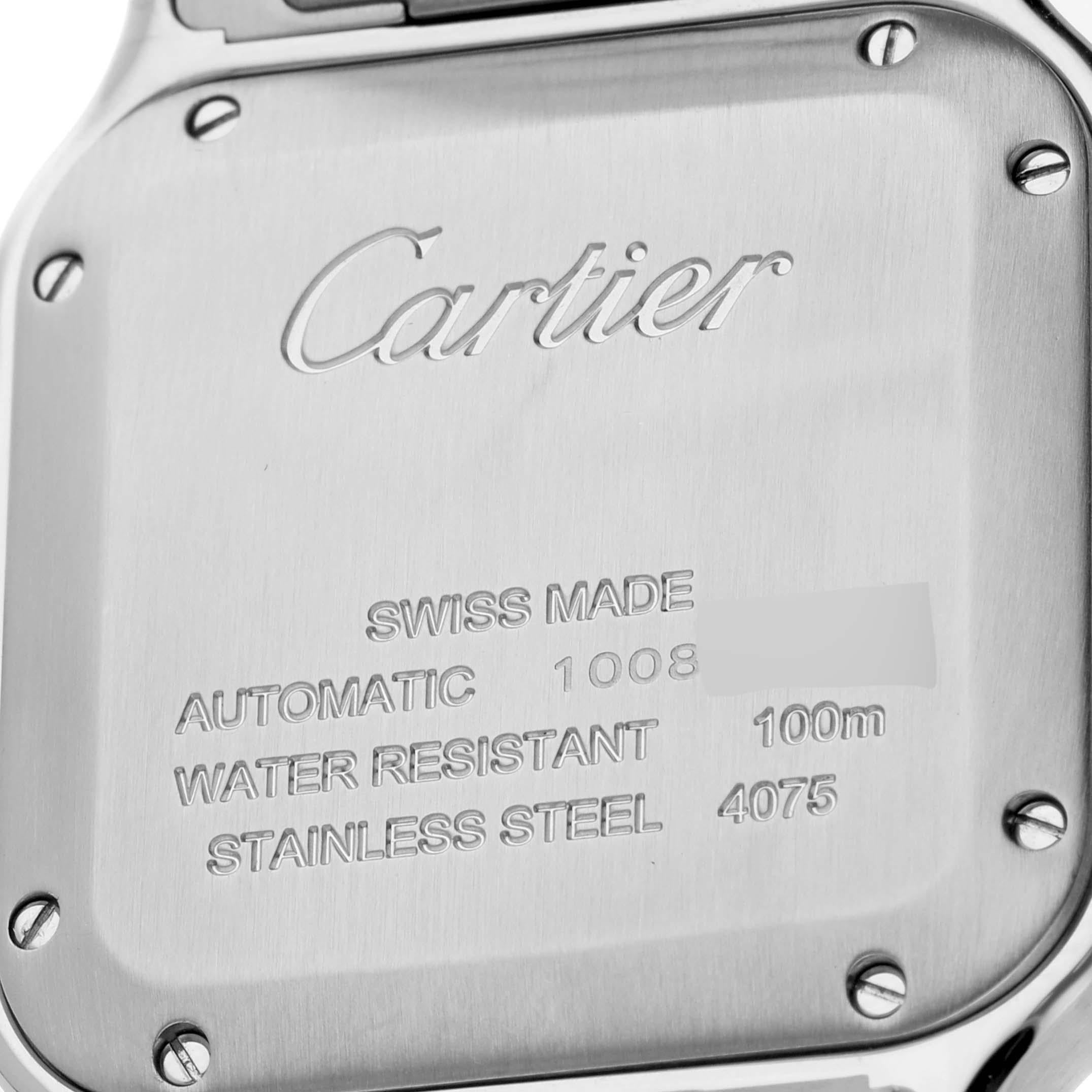 Cartier Santos Medium Steel Yellow Gold Mens Watch W2SA0007 Box Card. Automatic self-winding movement. Three body brushed stainless steel 35.1 mm x 41.9 mm mm.  Protected stainless steel octagonal crown set with the faceted blue spinel. 18K yellow