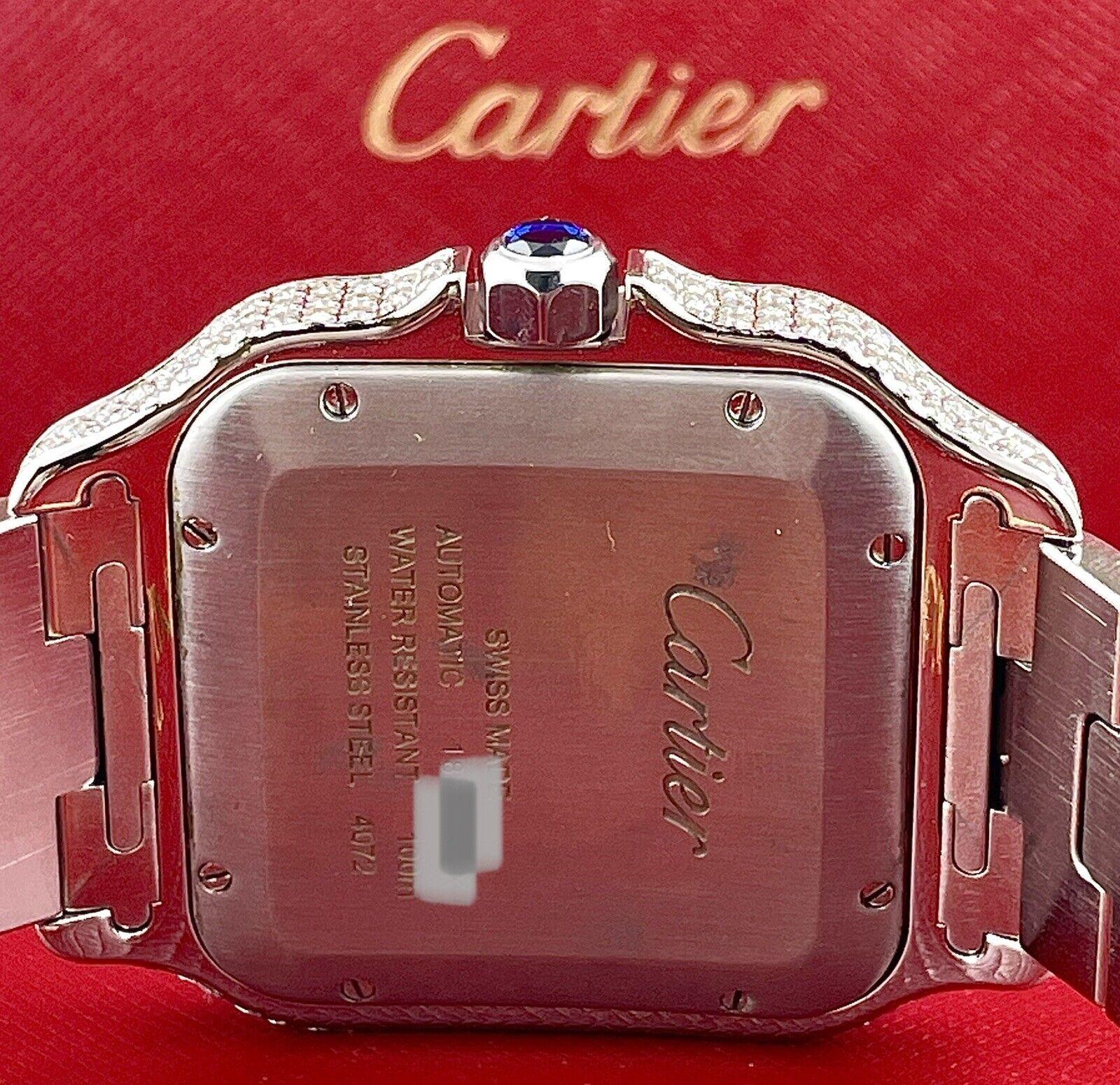 Modern Cartier Santos Men's 40mm Large Model Steel Watch Roman Iced Out 12ct Diamonds